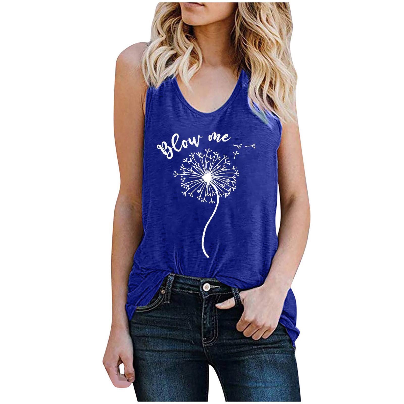 Women's Summer Flowy Tank Tops - Casual Round Neck Sleeveless Shirts with Dandelion Print & Solid Colors | Perfect for Beach Outfits, Vacation Wear & Everyday Casual Style