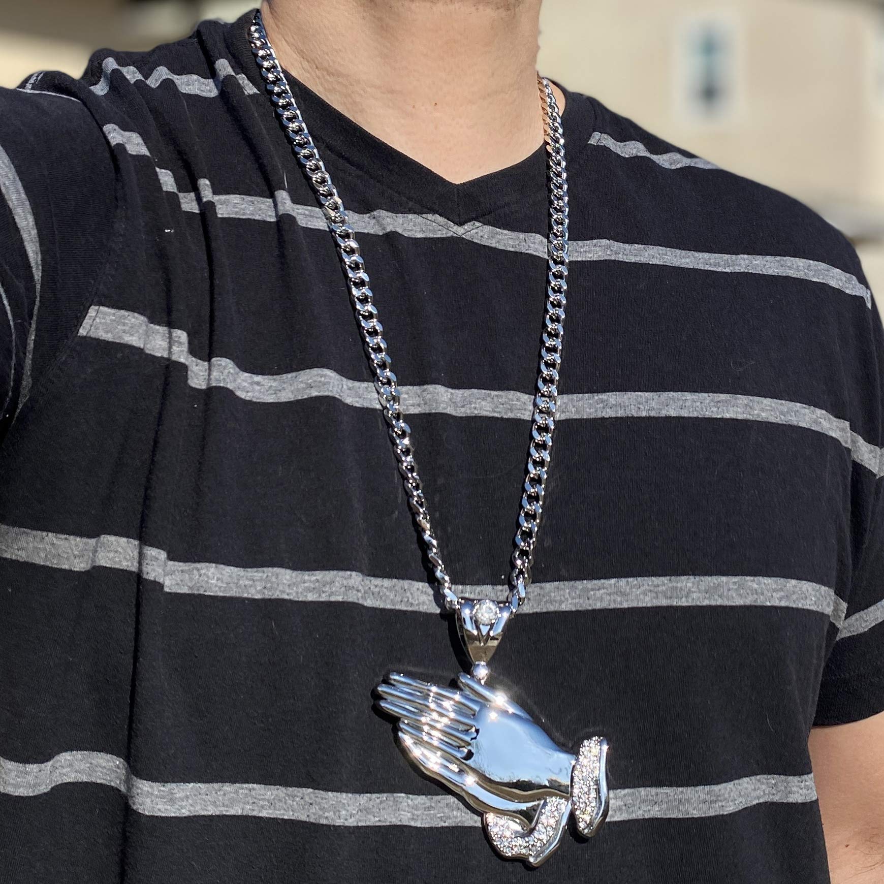 Bling Cartel Large Silver Tone Praying Hands Pendant Necklace - 30