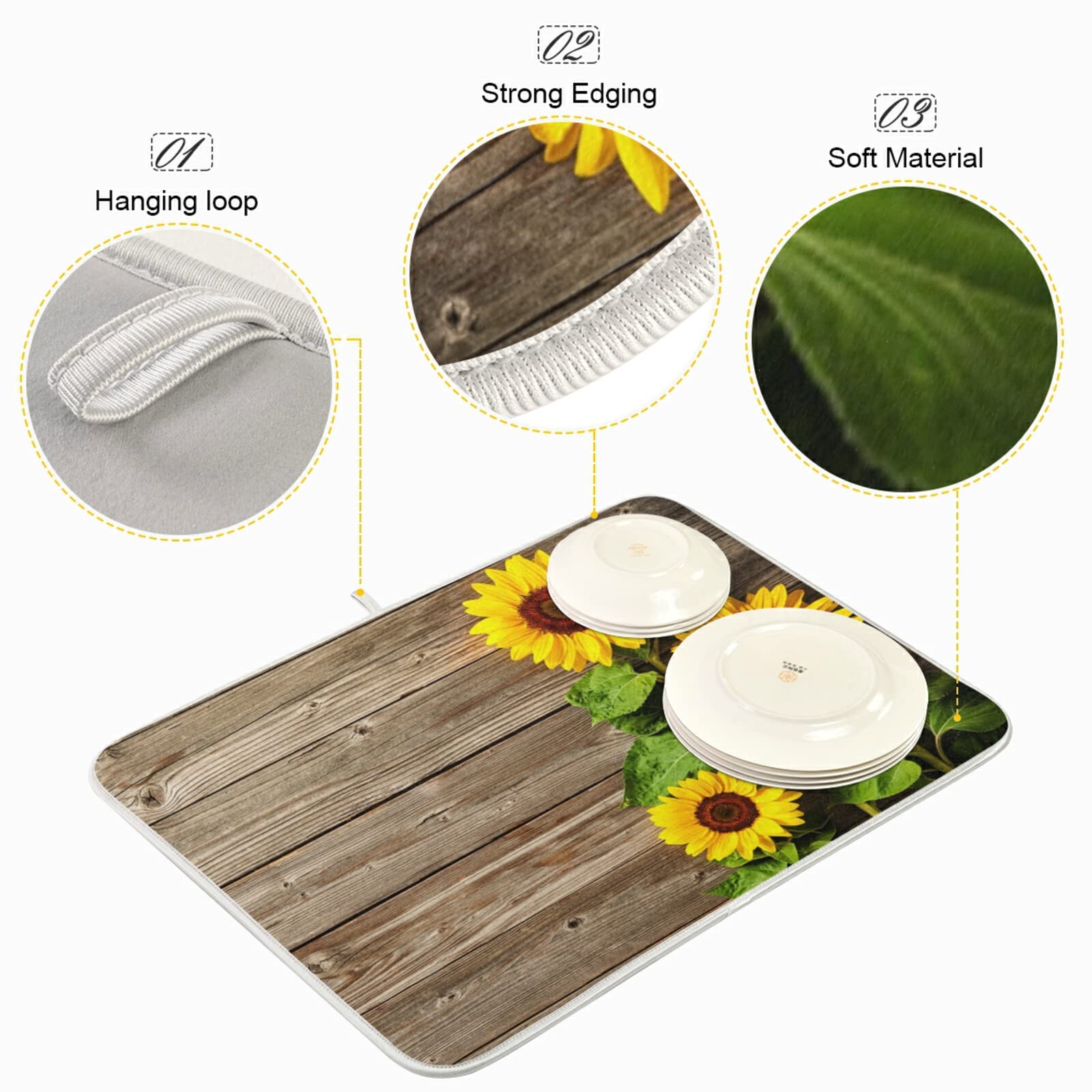 Sunflower Wood Print Coffee Bar Mat - 16x18 Inch Absorbent Dish Drying Pad for Coffee Maker, Espresso Machine & Dish Rack - Perfect for Home Kitchen Countertop & Coffee Station Accessories