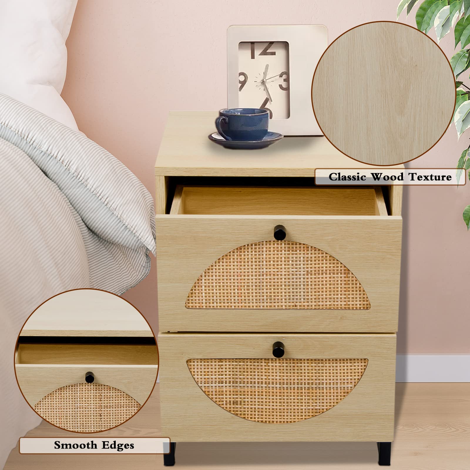 Rattan Nightstand with 2 Drawers & Metal Legs - Rustic Bedside Table for Bedroom & Living Room Storage