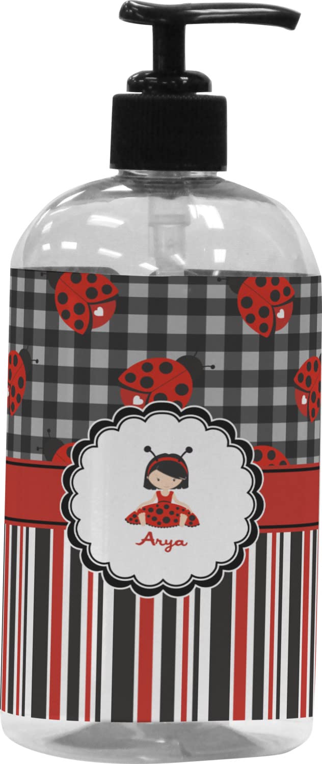 Personalized Ladybugs & Stripes Plastic Soap/Lotion Dispenser - 16 oz Large Black - Perfect for Bathroom, Kitchen, or Guest Room Decor
