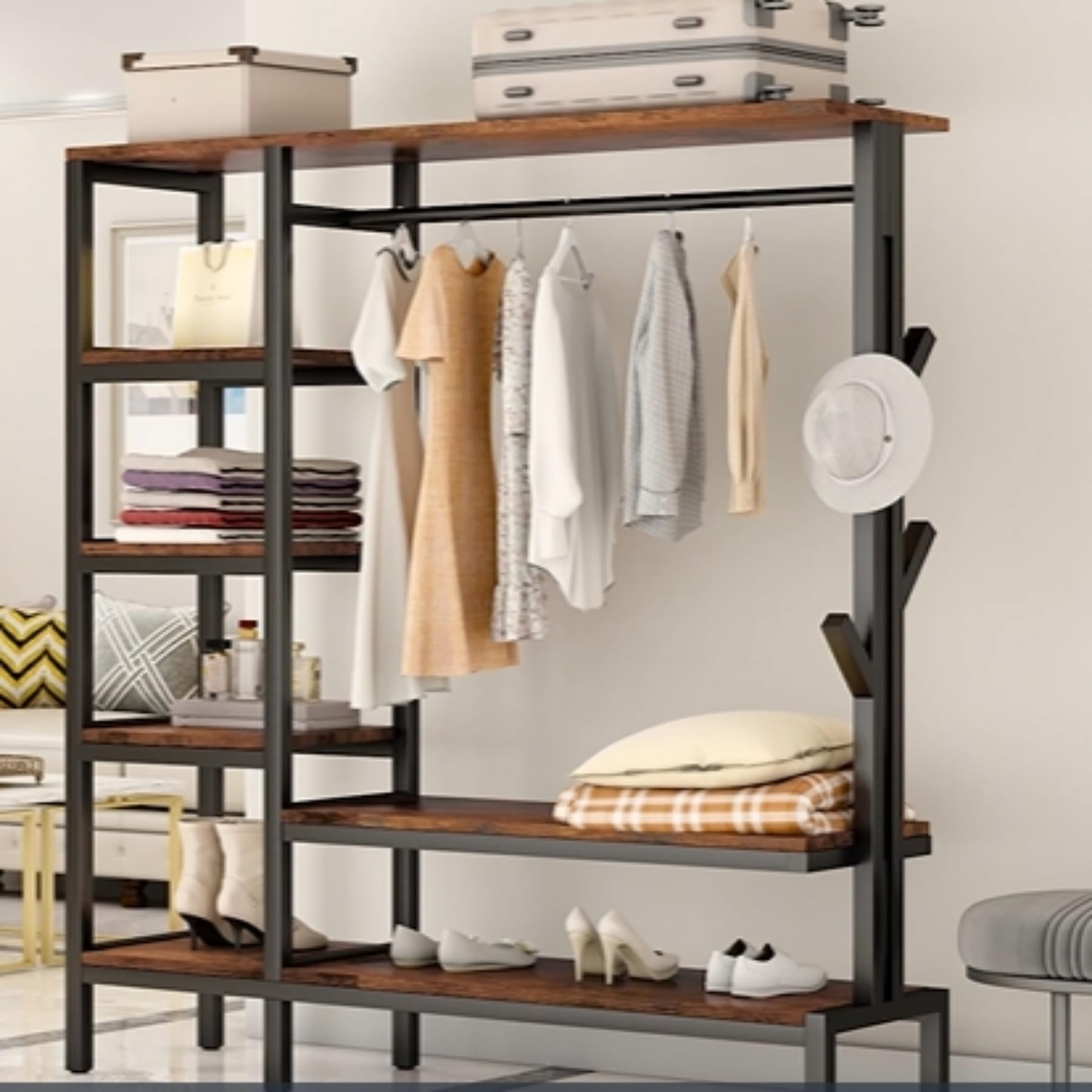 HOKEEPER 650lbs Heavy Duty Freestanding Clothing Rack with Shelves & Hooks - Metal Wardrobe Organizer for Closet Storage | Perfect for Bedroom, Laundry Room, and Commercial Use