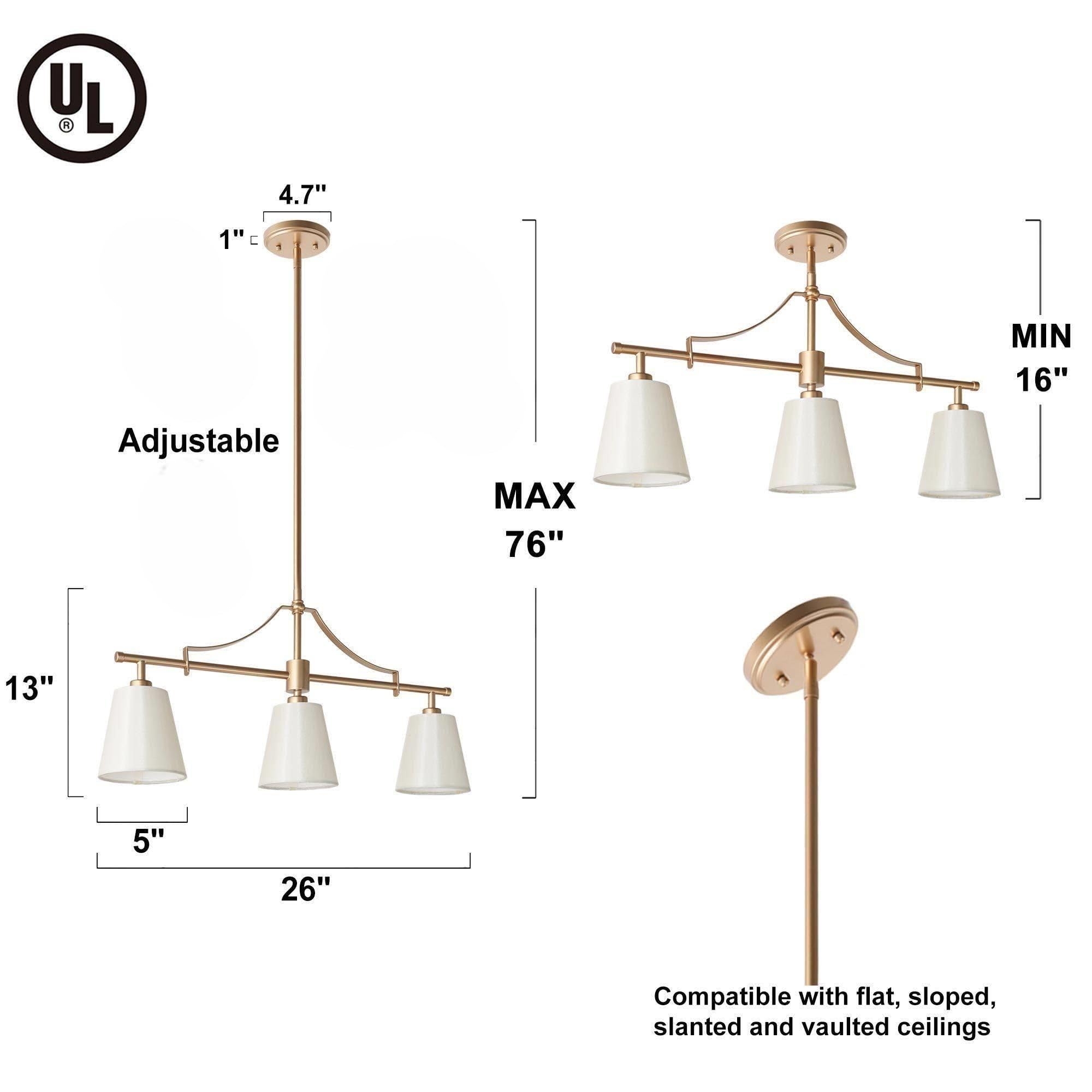 Modern 3-Light Gold Chandelier with Fabric Shades - Linear Island Lighting Fixture for Dining Room, Kitchen, Bedroom & Living Room | Elegant Home Decor & Ambient Lighting Solution