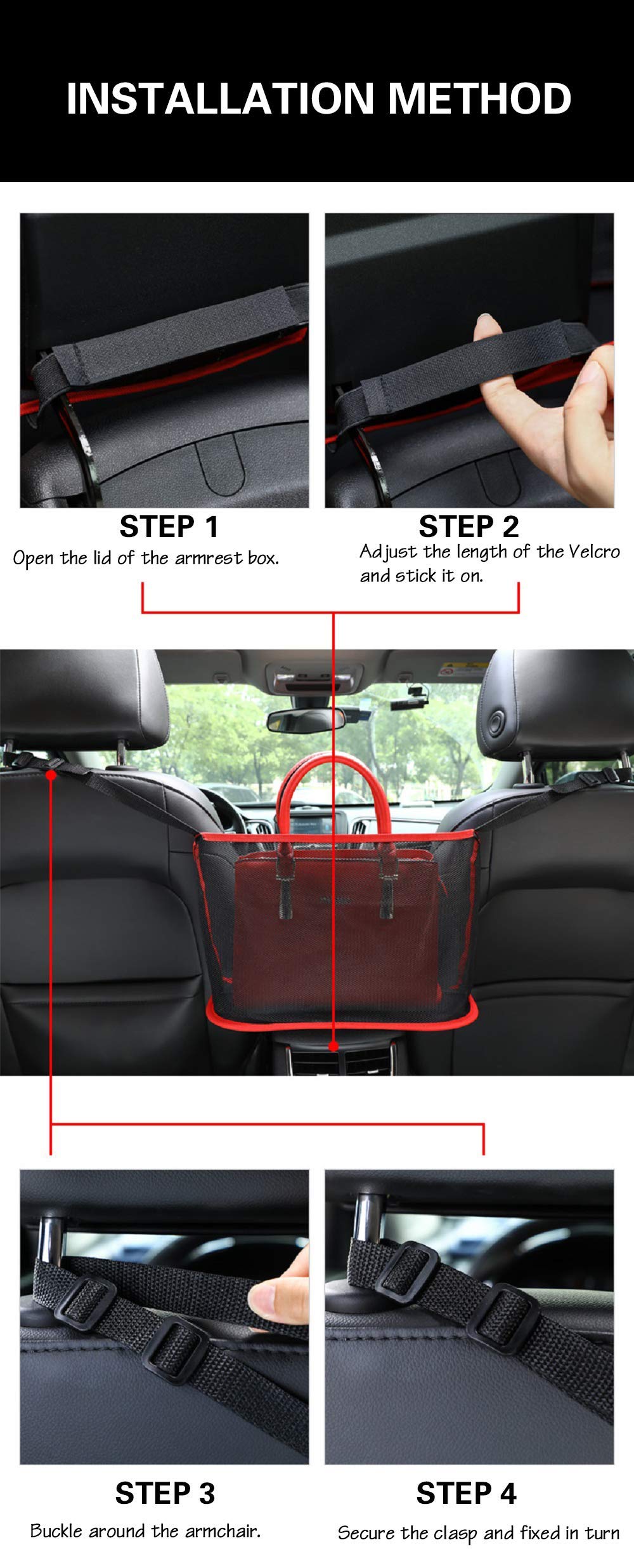 Car Purse Holder - Black Net Pocket Handbag Organizer for Seat Back, Attaches to Headrest - Perfect for Road Trips, Shopping & Daily Commute