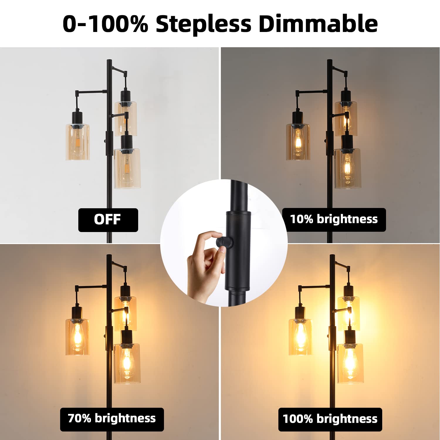 Liylan Farmhouse Floor Lamp - Dimmable Rustic Tree Standing Light with Amber Glass Shade, Oil Rubbed Bronze Finish, 3-Light Tall Pole Lighting for Living Room, Bedroom & Reading Nook | Perfect for Cozy Home Decor & Ambient Lighting