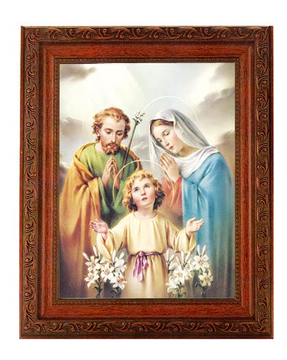 Holy Family Picture Framed Wall Art Decor - Large Antique Dark Mahogany Finish Wood Frame with Acanthus Leaf Detailing - Perfect for Living Room, Bedroom & Church Decor