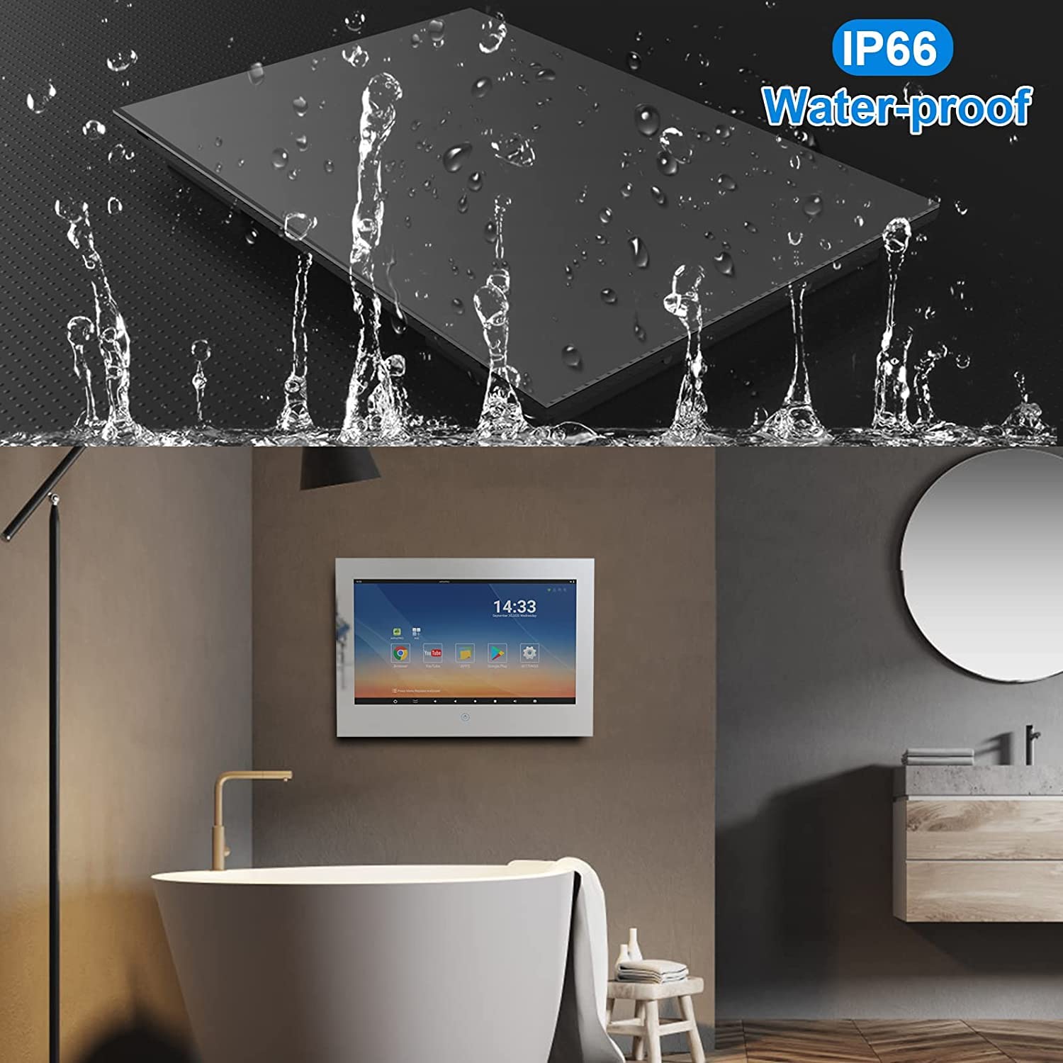 Haocrown 15.6 Inch Waterproof Smart Mirror TV with Touch Screen - Full HD 1080P, Built-in Wi-Fi 2.4/5G & Bluetooth, ATSC Tuner, USB/HDMI, Wall Mountable (8+64GB, HG156BM) - Perfect for Bathroom, Shower & Kitchen Entertainment