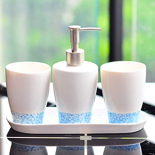 Vintage Ceramic Bathroom Accessory Set - 4 Piece Embossed Blue Floral Soap Dispenser, 2 Tumblers & Soap Dish | Elegant Vanity Decor for Home, Hotel & Toilet | Perfect for Guest Bathrooms, Spa Retreats & Luxury Washrooms
