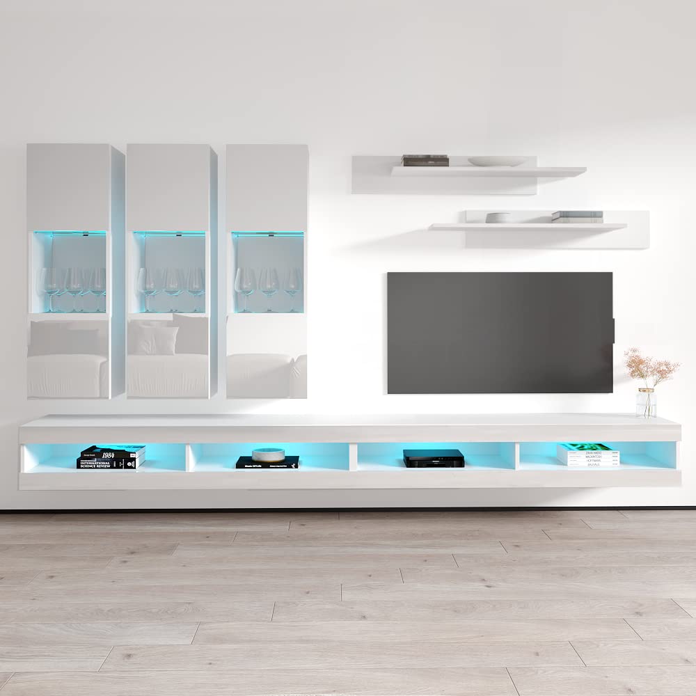 Modern Floating TV Stand with Storage & LED Lights - Wall-Mounted Entertainment Center for Bedroom & Living Room - White TV Console with Shelves - Perfect for Small Spaces & Home Theater Setup