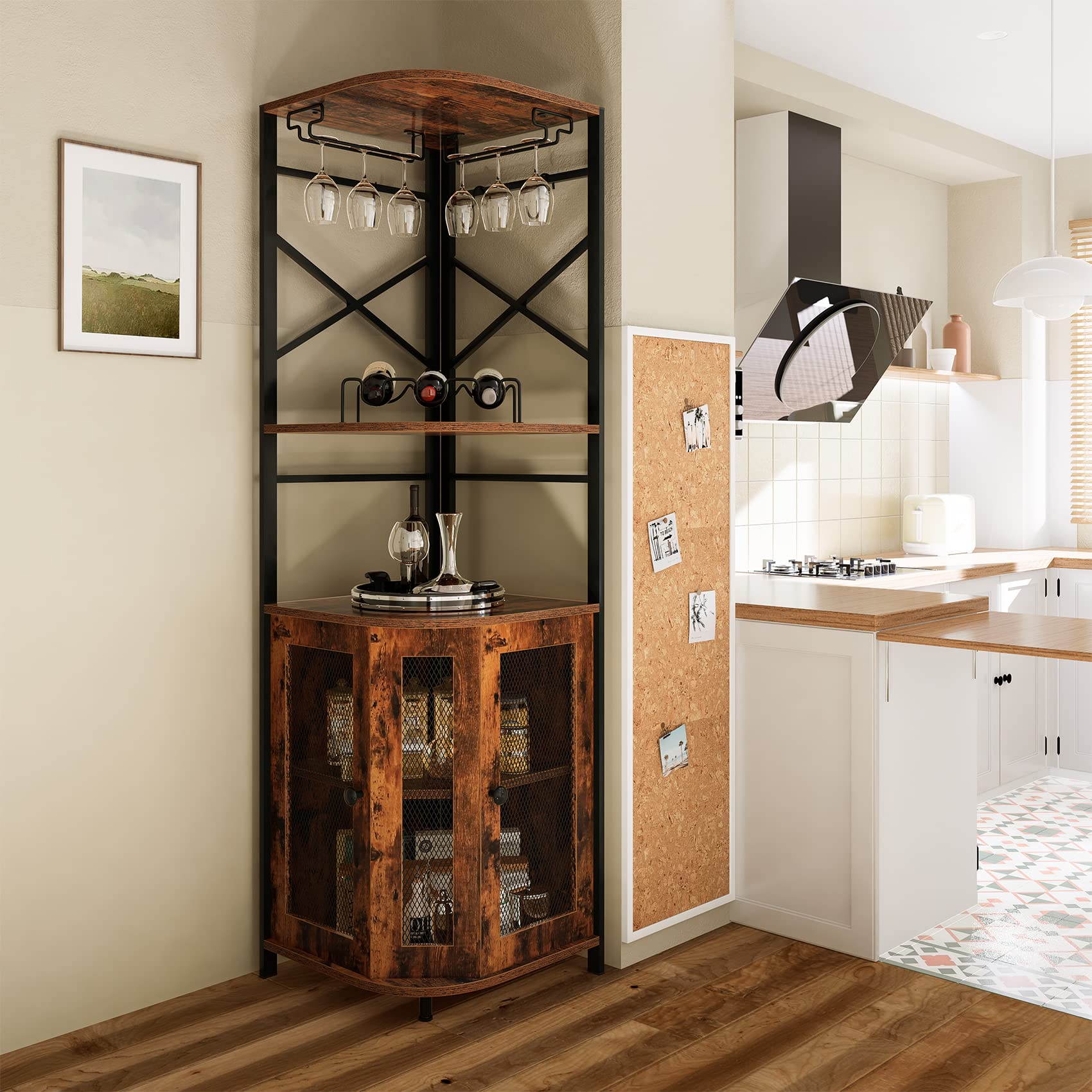 Rustic Brown Corner Bar Cabinet with Wine Rack, Glass Holder & Adjustable Shelves - Mesh Door Liquor Storage Cabinet for Home Bar, Dining Room or Entertainment Area