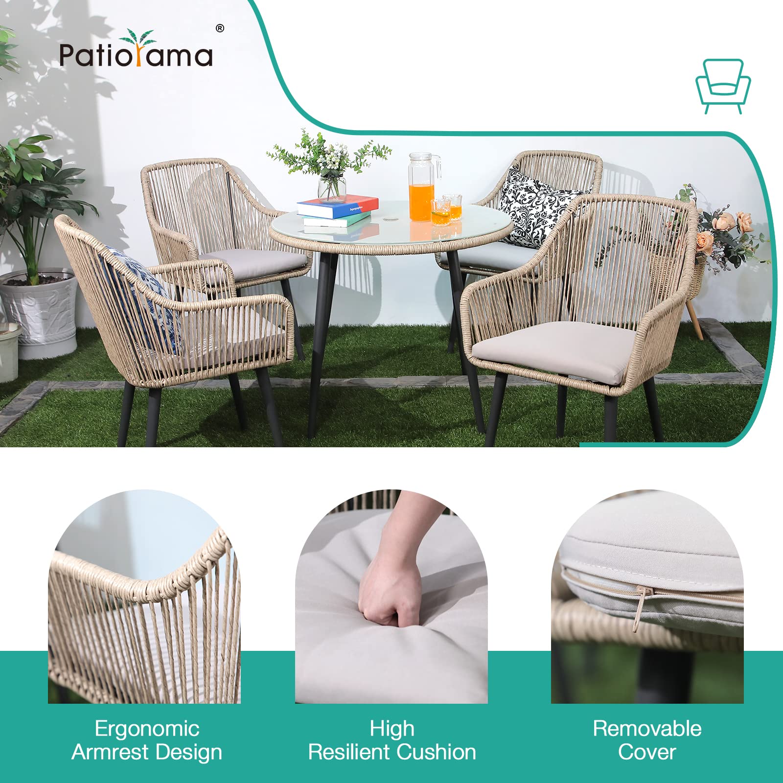 5-Piece Outdoor Patio Dining Set with All-Weather Wicker & Glass Table - Tan Rattan Furniture for Backyard, Garden, Poolside - Includes 4 Cushioned Chairs & Umbrella Hole - Perfect for Entertaining, BBQs, and Relaxing Outdoors