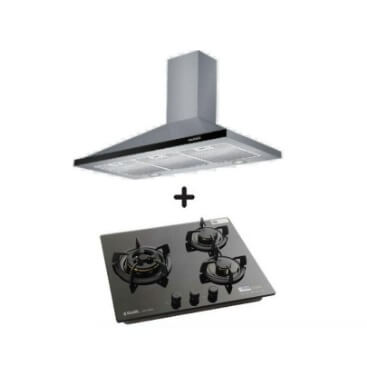 Ellane EH 6180 90cm Stainless Steel Range Hood with Powerful Extraction + Ellane WG 248SV 3-Burner Tempered Glass Cooktop with Safety Lock - Perfect for Modern Kitchen Ventilation and Safe Cooking