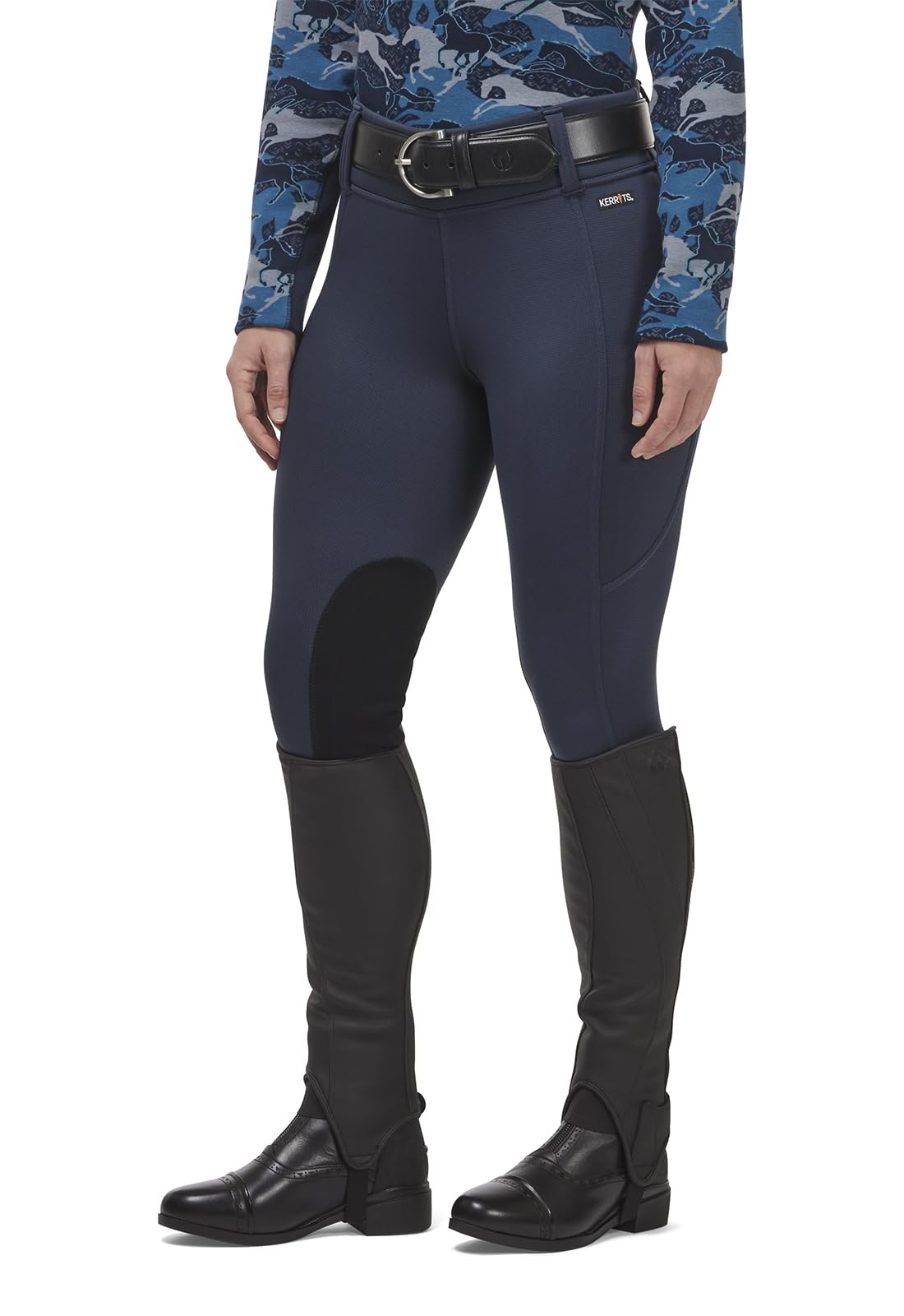 Kerrits Women's Sit Tight Wind Pro Knee Patch Winter Horse Riding Tights - Warm Polartec Equestrian Breeches with Phone Pocket for Cold Weather Riding & Outdoor Equestrian Sports