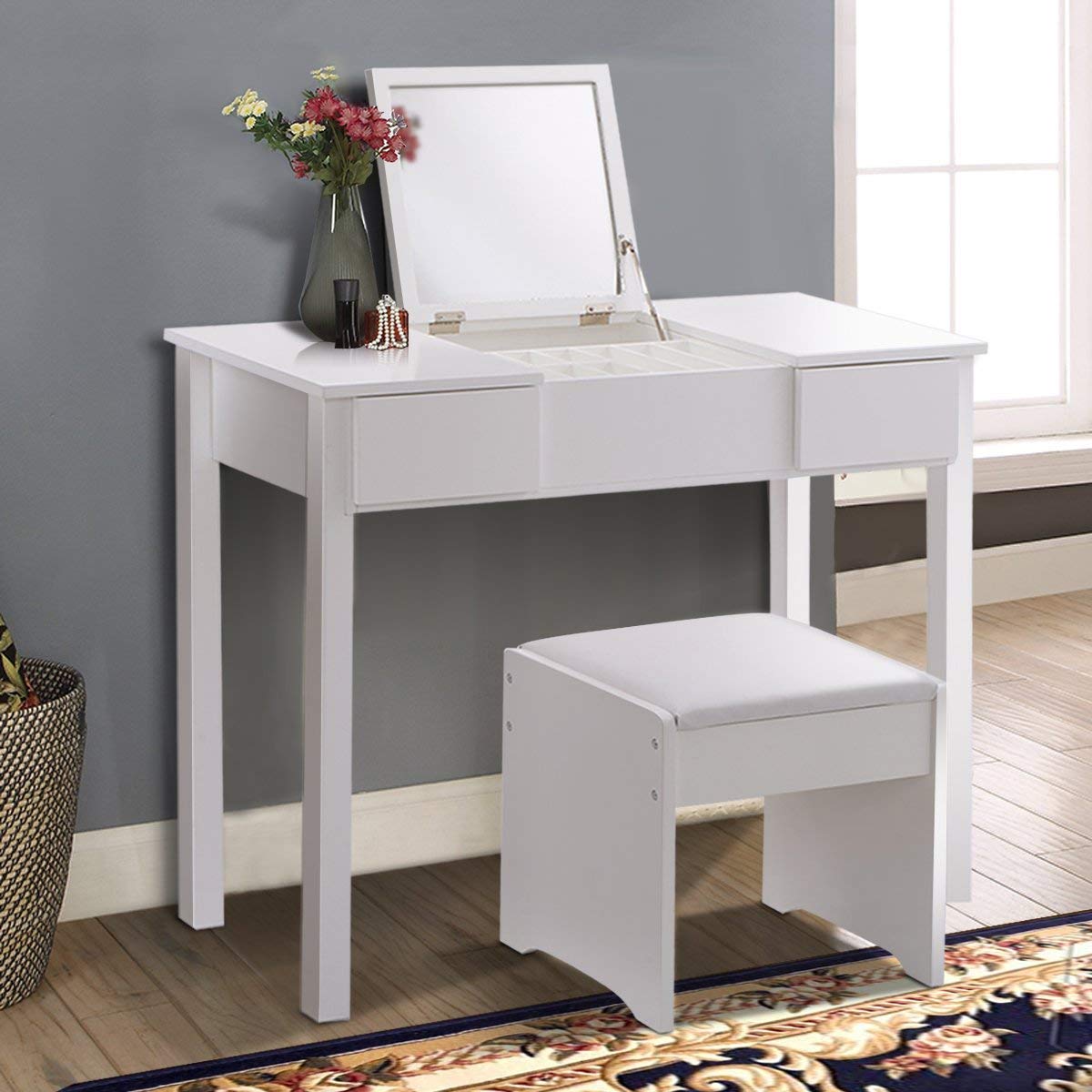 Casart White Bathroom Vanity Dressing Table with Flip Top Mirror, 2 Drawers & 3 Removable Organizers - Perfect for Small Spaces, Makeup Storage & Home Organization