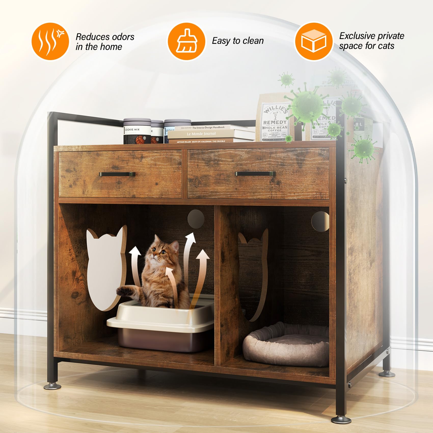 TC-HOMENY Cat Litter Box Enclosure - Modern Furniture Storage Cabinet with Odor Control for Living Room | Stylish Pet Furniture for Small Spaces & Home Decor