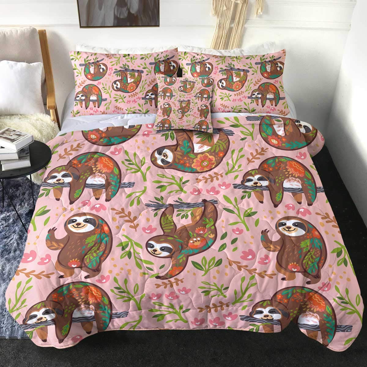 Sleepwish Sloth Comforter Set King Size - Soft Pink Sloth & Flower Pattern 4-Piece Bedding (1 Comforter, 2 Pillow Shams, 1 Cushion Cover) for Kids & Girls - Perfect for Nursery, Bedroom Decor & Gift