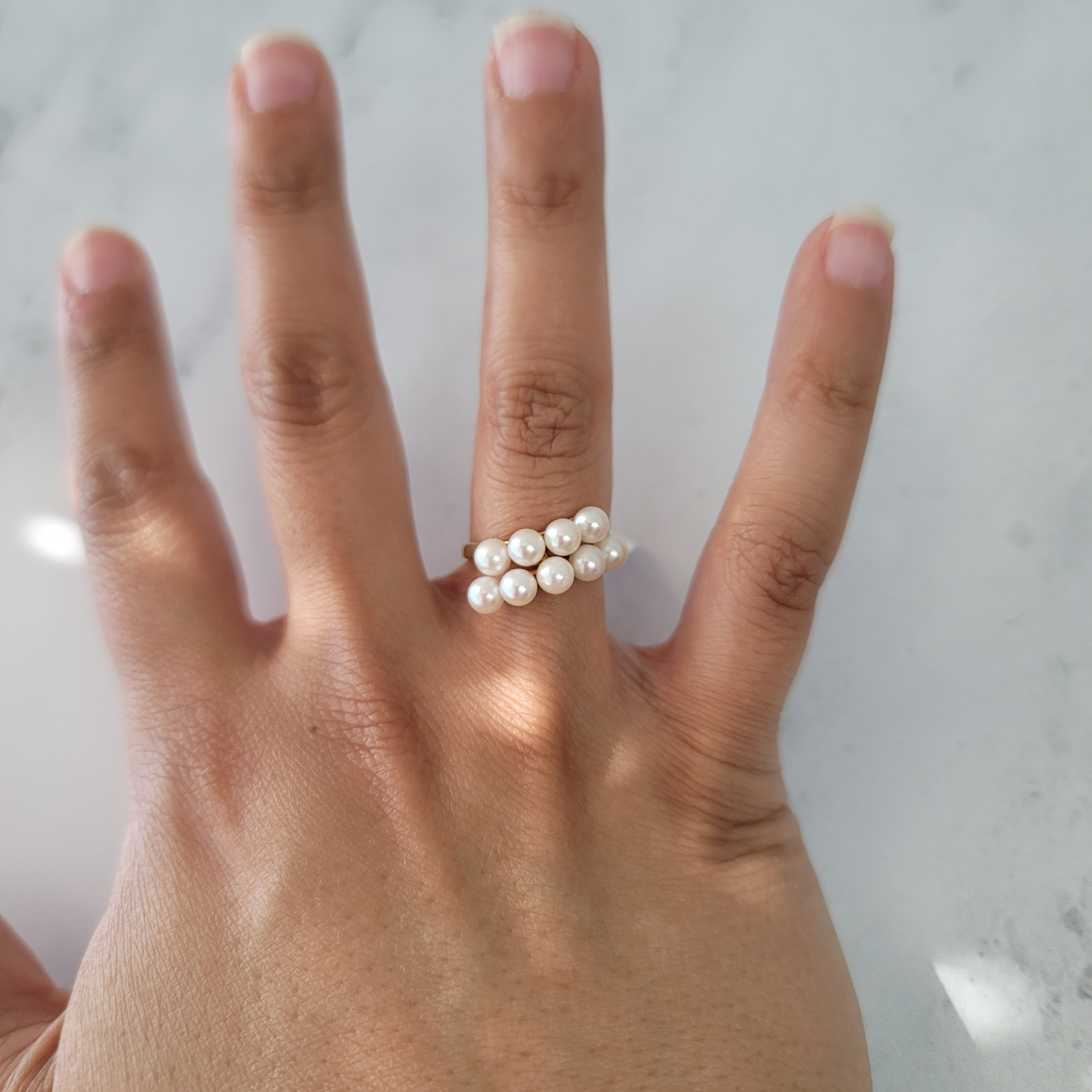 14K Yellow Gold Diagonal Double Row Pearl Cluster Ring - Elegant Pearl Jewelry for Women, Perfect for Weddings, Parties & Special Occasions