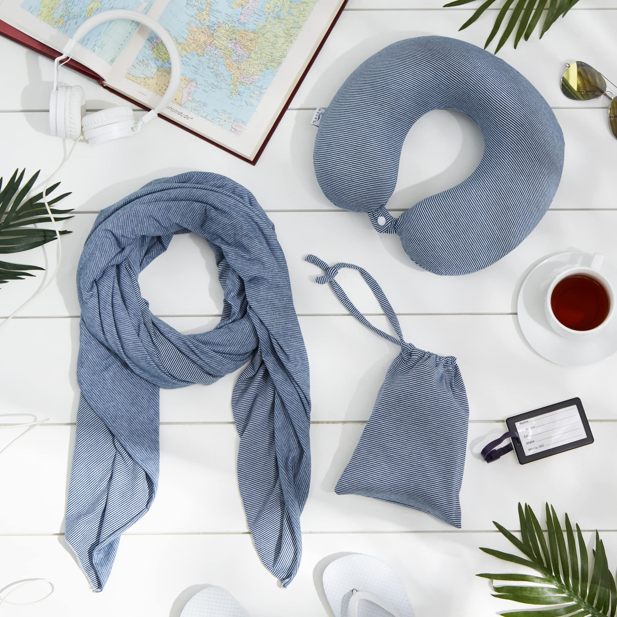 Bucky Jersey Stripe Travel Blanket Scarf - Navy Blue Striped Comfort Accessory for Airplane, Car & Outdoor Use - One Size Fits All