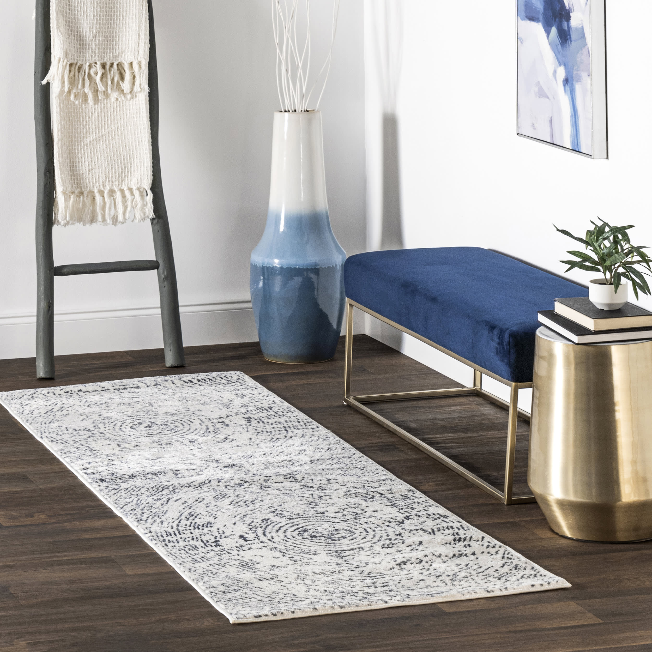 Bianca Abstract Blue Rings Rug - Modern Boho Area Rug for Living Room, Bedroom, or Office Decor