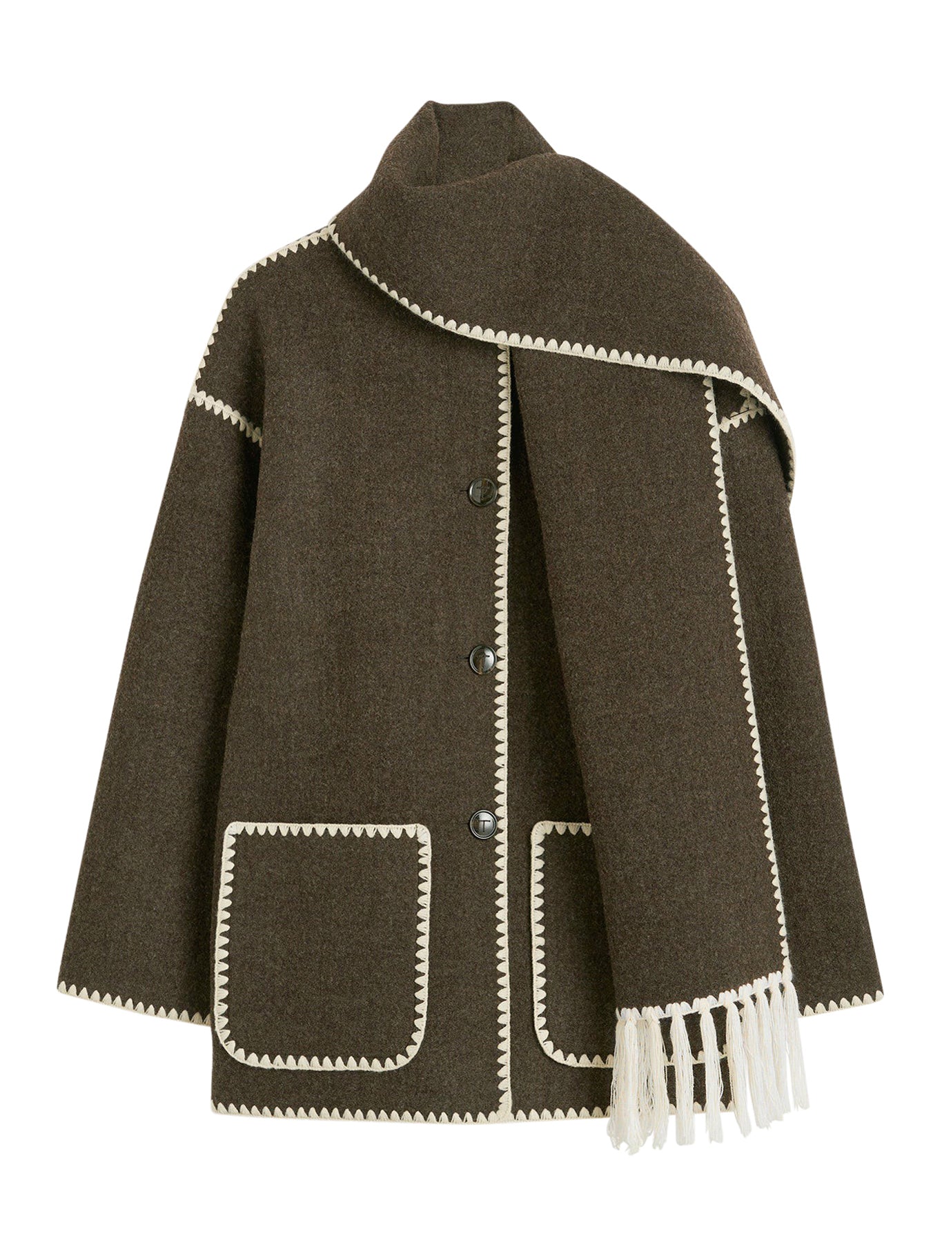 Embroidered Scarf Jacket for Women - Chocolate Melange Color - Cozy Winter Fashion Outerwear for Casual Outings & Office Wear