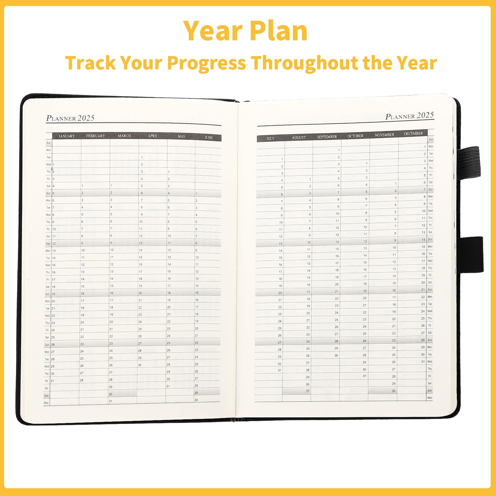 2025 Daily Planner A5 Size - Jan to Dec 2025 Academic Diary with Leather Cover & Stickers | 360 Pages 80GSM Paper | 21x14cm Black | Perfect for Students, Professionals & Gift Giving