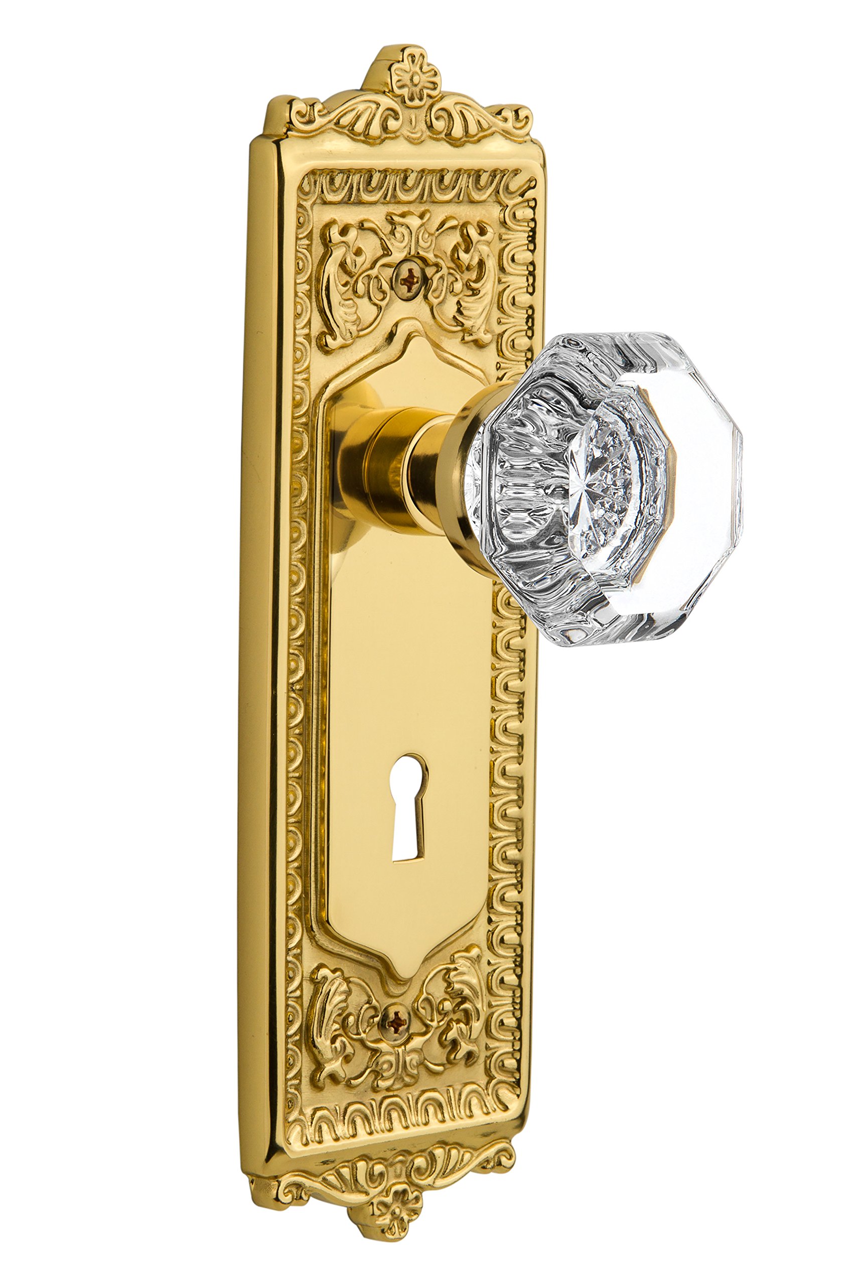 Vintage Egg and Dart Keyhole Plate with Waldorf Crystal Knob - Single Dummy in Polished Brass - Perfect for Classic Home Door Hardware and Cabinet Restoration Projects