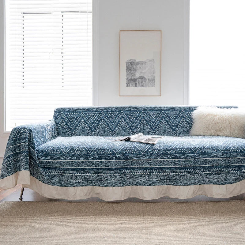 Bohemian Floral Sofa Slipcover with Ruffled Trim - Tribal Print Couch Cover for Living Room Decor, Home Styling & Comfort