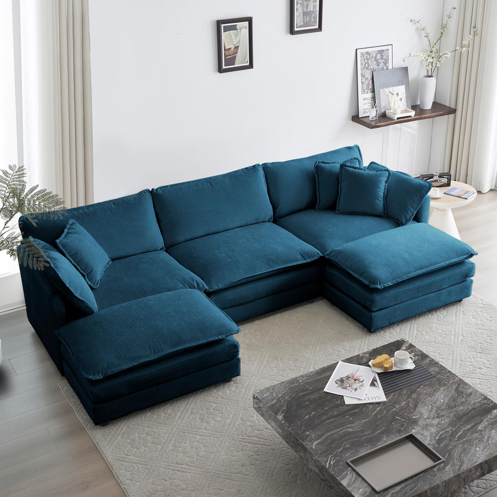 KIVENJAJA Chenille U-Shaped Modular Sectional Sofa - Modern 3-Seater Deep Seat Cloud Couch with 2 Ottomans/Chaises & 5 Throw Pillows - 111.5