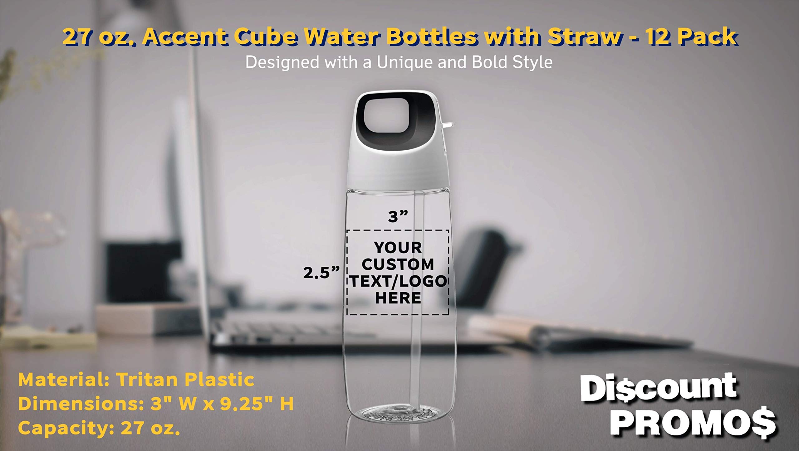 12 Pack 27oz Plastic Water Bottles with Straw - Custom Text & Logo - BPA Free Tritan Material - Accent Cube Design - Perfect for Gym, School & Outdoor Activities