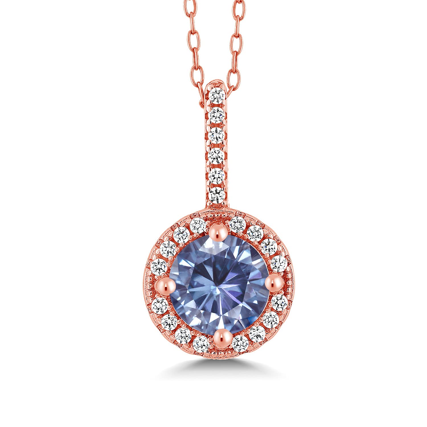 Gem Stone King 18K Rose Gold Plated Silver Pendant Necklace with Round Persian Blue Moissanite (1.06 Cttw) - Elegant Jewelry Gift for Women, Perfect for Weddings, Anniversaries & Special Occasions