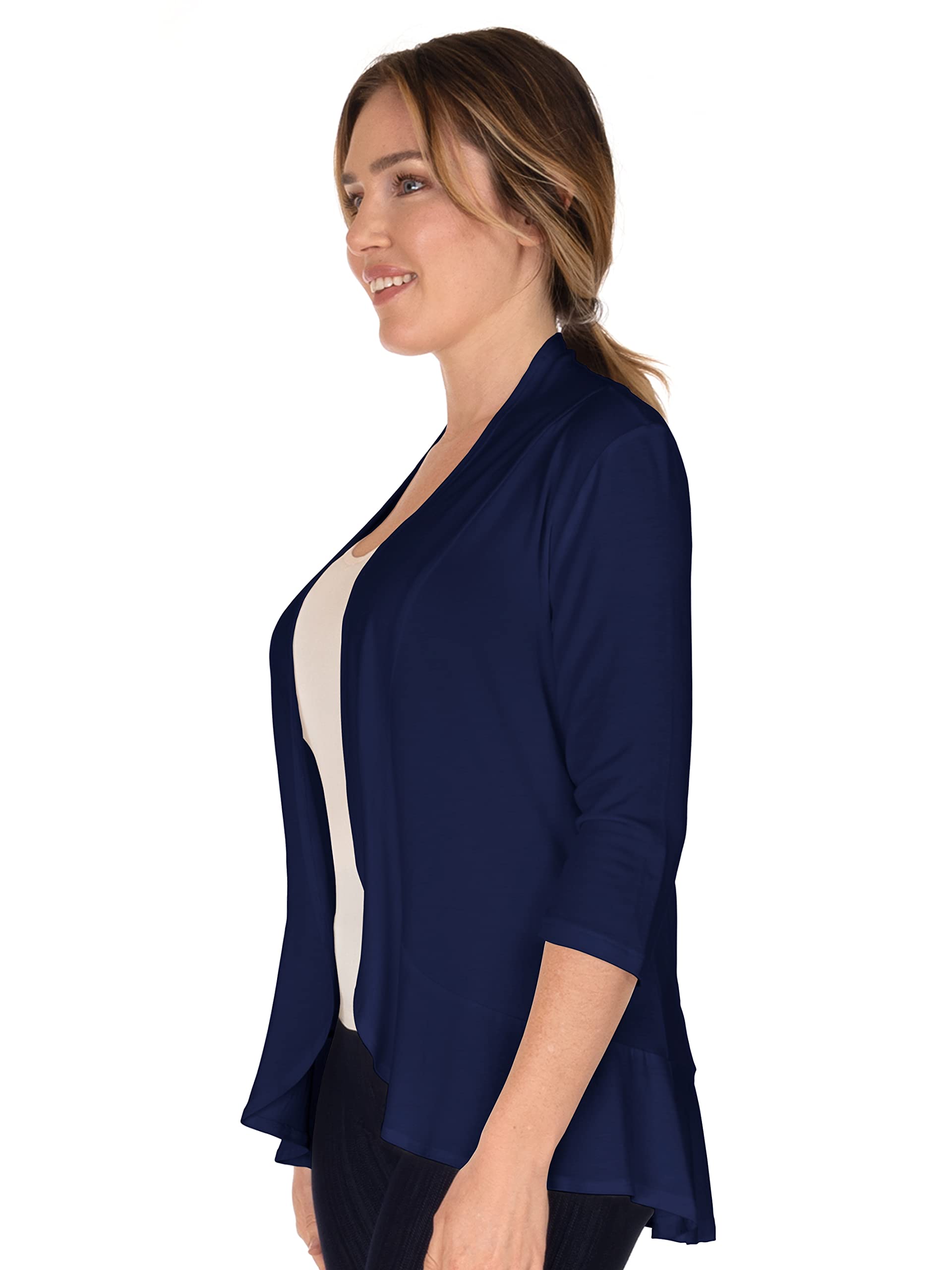 Women's 3/4 Sleeve Ruffle Cardigan Sweater - Navy Blue Long Knit Open Front Cover Up (Large Size) | Perfect for Office Wear, Date Nights & Spring Layering