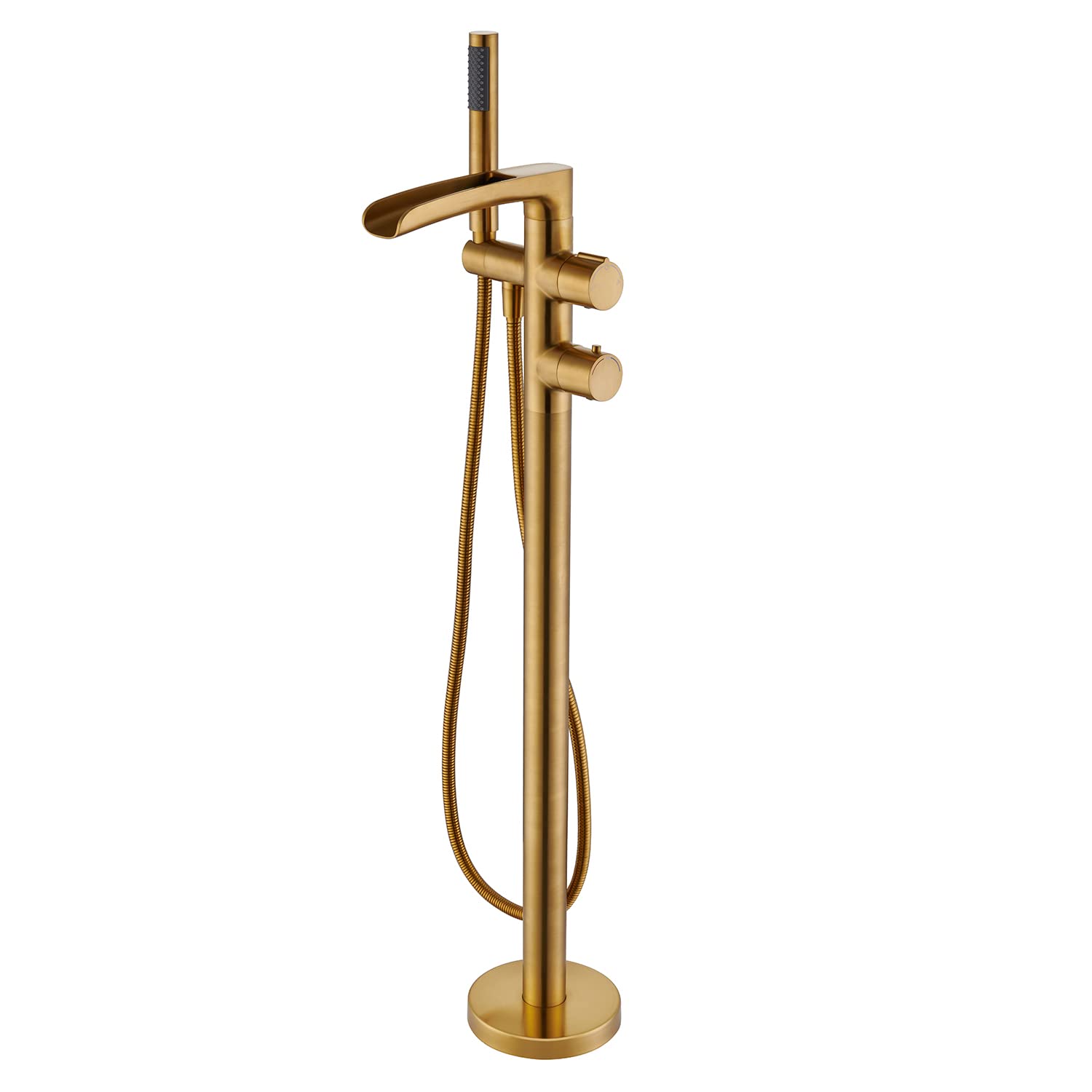 Freestanding Thermostatic Bathtub Faucet Floor Mount Waterfall Tub Filler Brushed Gold Bathroom Taps with Handheld Shower - Luxury Spa Experience for Modern Bathrooms