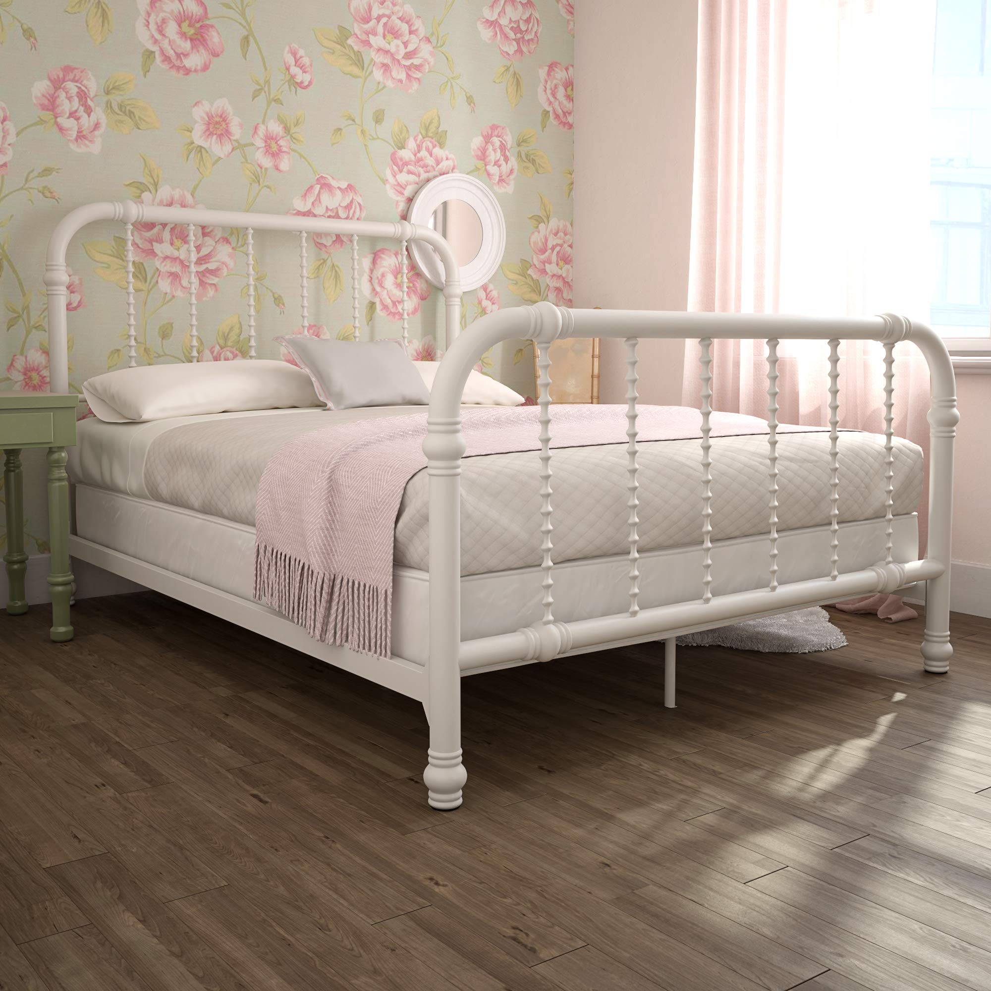 DHP Jenny Lind Twin Metal Bed Frame with Country Chic Headboard & Footboard - White Kids Bed with Underbed Storage Space for Toys | Perfect for Children's Bedrooms, Playrooms & Small Spaces
