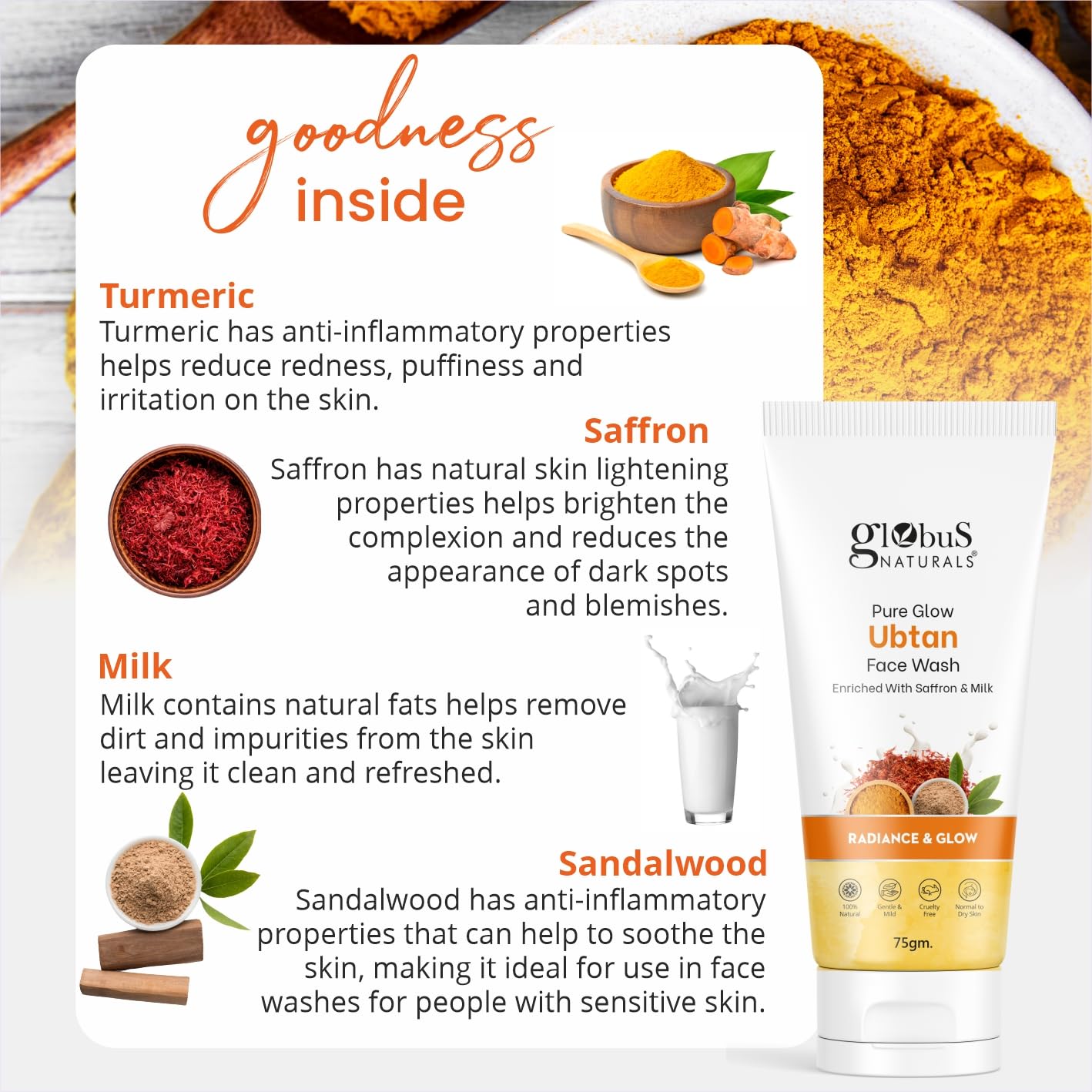 Globus Naturals Face Wash Combo Set of 3 (75g Each) - Kesar Chandan, Vitamin C & Ubtan for Glowing Skin | Daily Cleansing, Acne Control & Brightening | Perfect for Morning & Night Skincare Routine