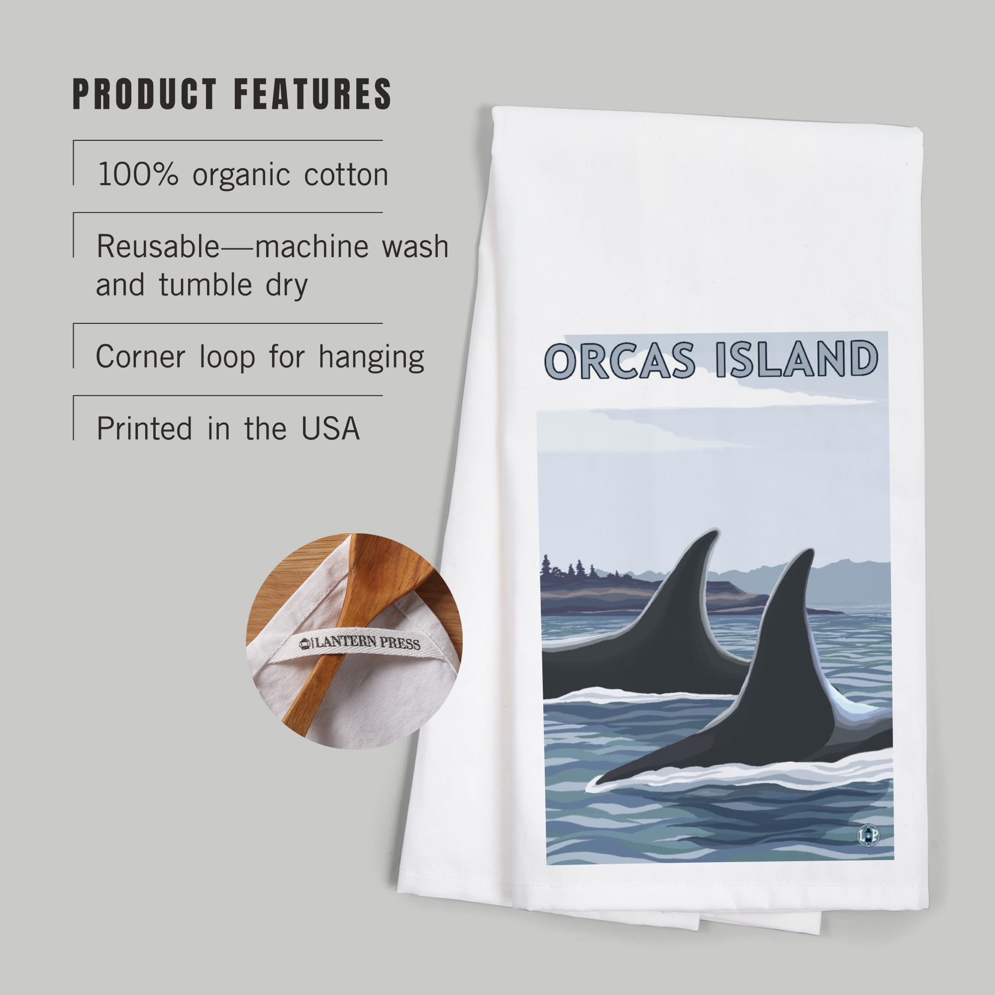 Lantern Press Orcas Island WA Orca Fins 100% Cotton Tea Towel - Decorative Hand Towel for Kitchen & Home Decor - Perfect for Dish Drying, Gift Giving & Coastal Themed Decor