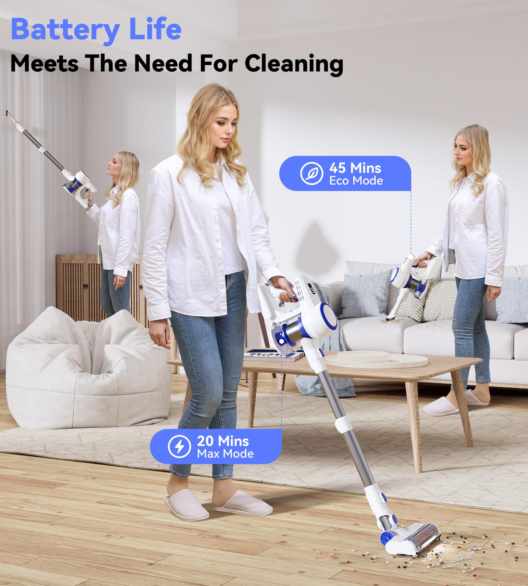 180W Cordless Stick Vacuum Cleaner - 45 Mins Runtime, 2 Suction Modes, Anti-Tangle Brush Head, Lightweight for Home Cleaning - Perfect for Hard Floors, Carpets & Pet Hair Removal