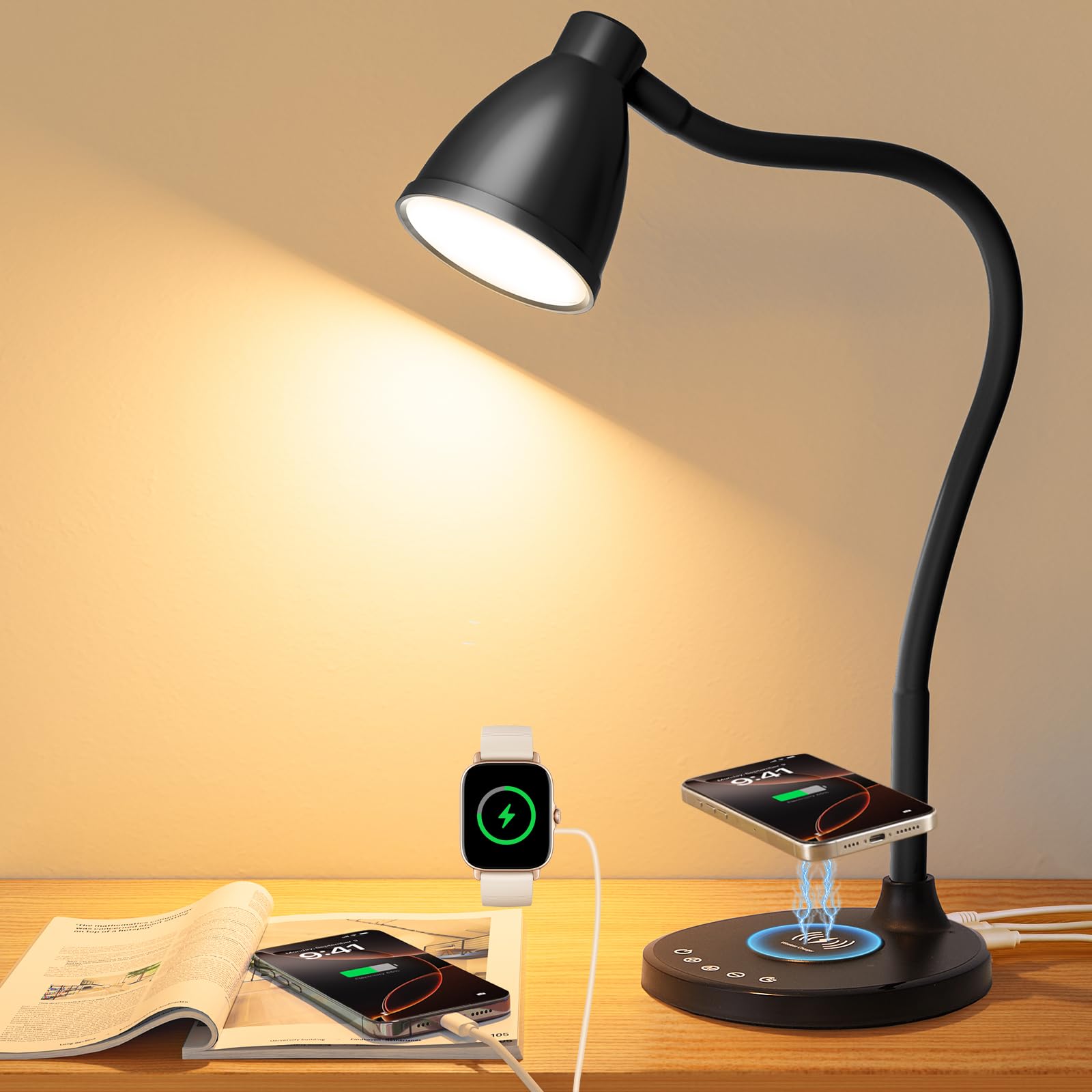 BOHON LED Desk Lamp with USB C+A Charging Ports & Wireless Charger - 5 Color Stepless Dimming, Touch Control, Timer - Perfect for Home Office, College Dorm, Bedside Reading & Nightstand Use