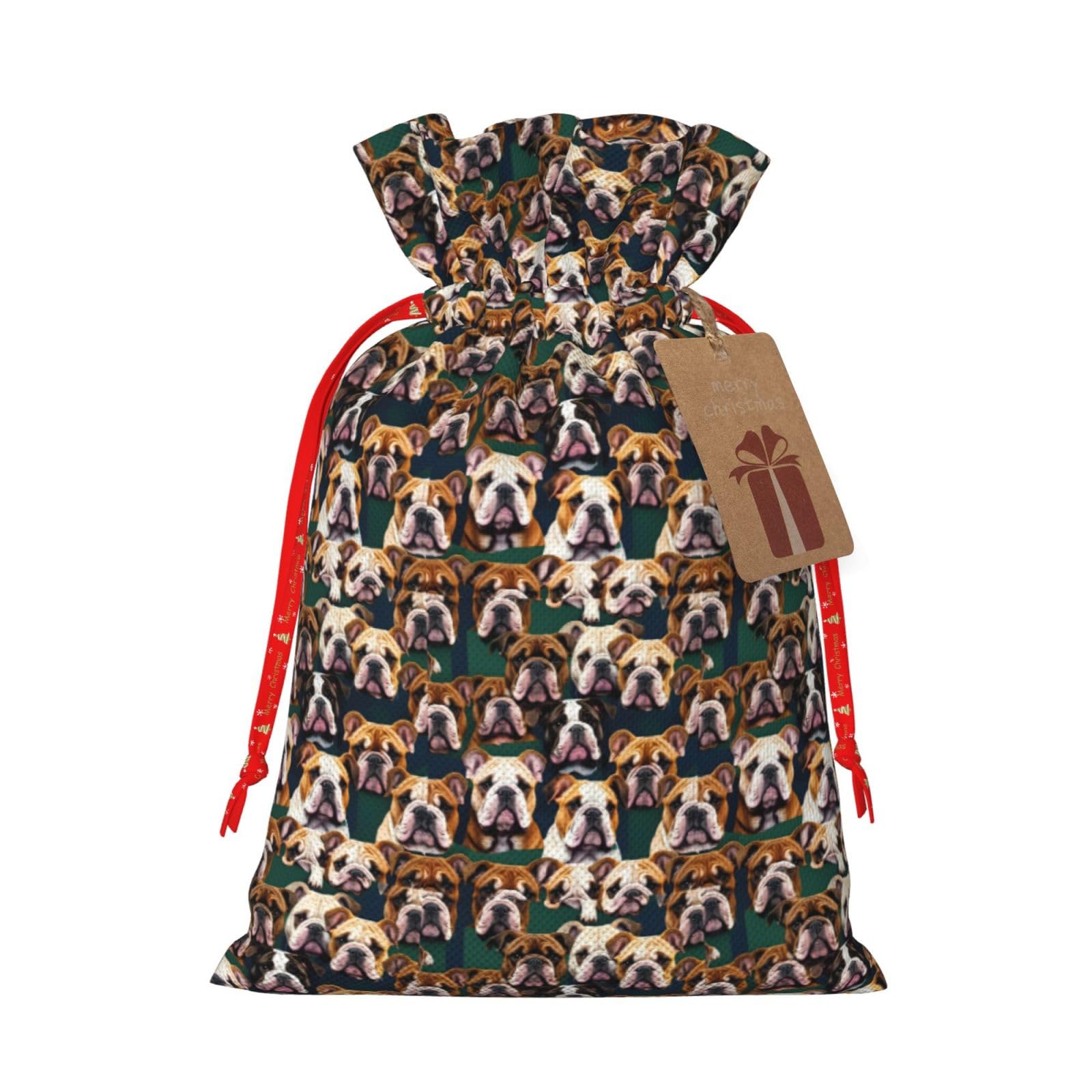 English Bulldog Christmas Drawstring Gift Bags - Large, Medium & Small Holiday Candy Bags for Party Favors, Stocking Stuffers & Festive Gift Giving