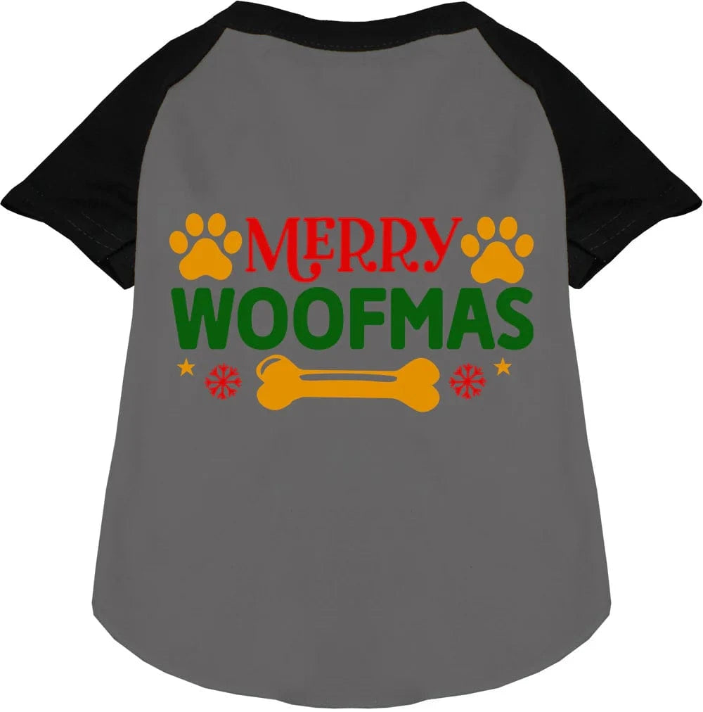 Merry Woof Pet Shirt - Cute Raglan Sleeve Dog & Cat Apparel for Christmas - Perfect for Holiday Photos & Family Gatherings
