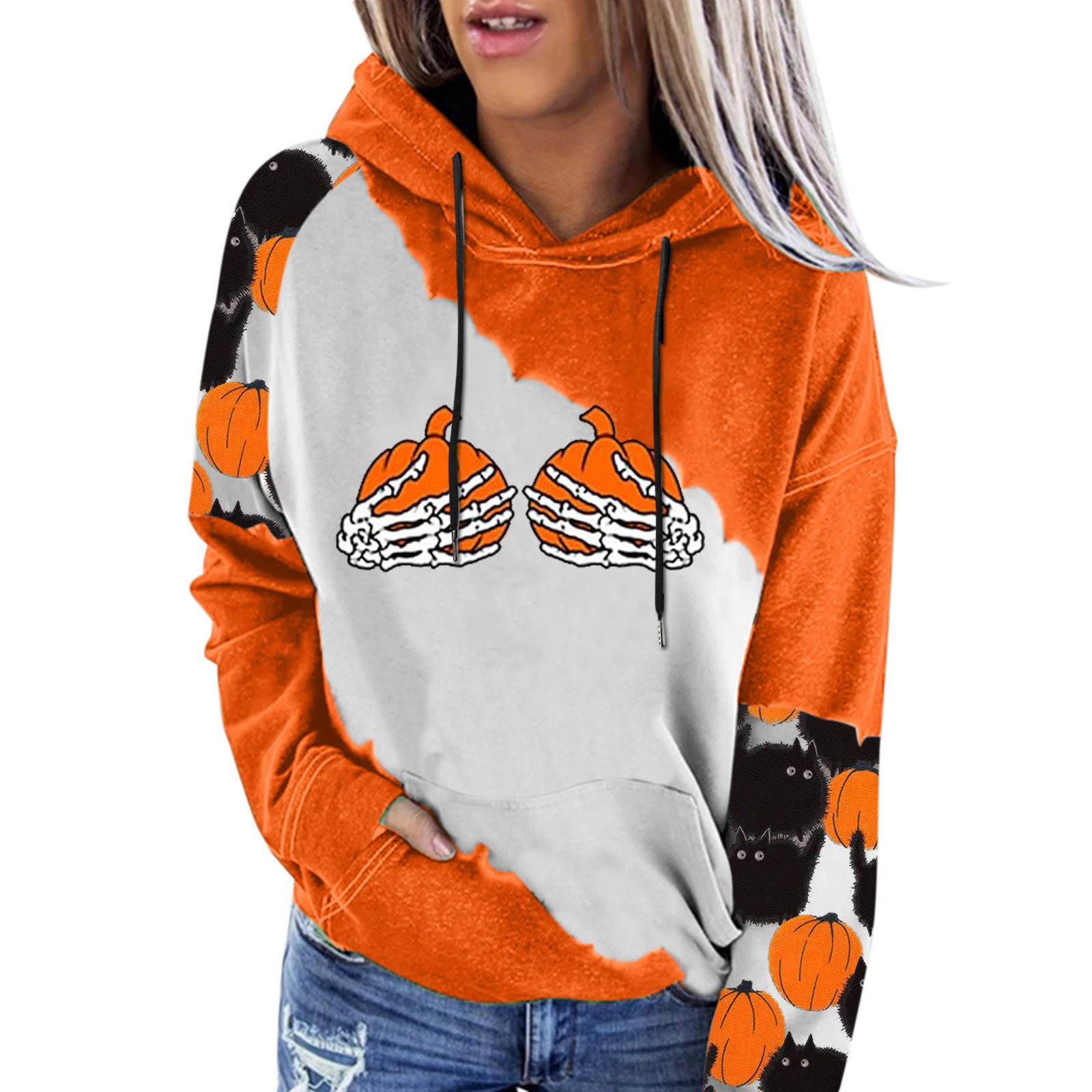 BEUU Women's Pumpkin Print Hoodie - Casual Long Sleeve Drawstring Sweatshirt with Pocket for Halloween & Fall Outfits