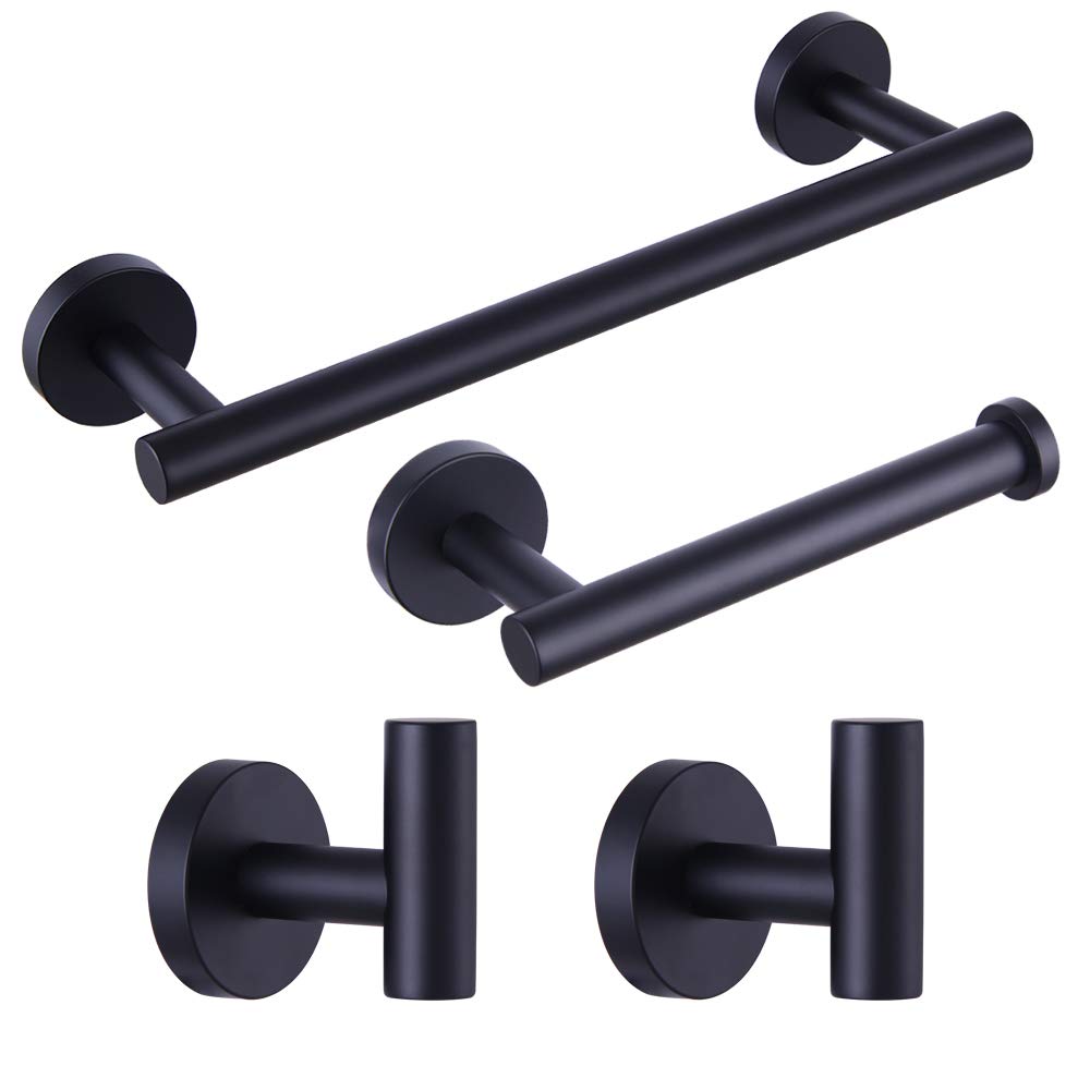BEIGEEWY 4-Piece Matte Black Bathroom Hardware Set - SUS304 Stainless Steel Wall Mounted Towel Bar, Toilet Paper Holder & 2 Robe Hooks - Modern Bathroom Accessories for Home & Hotel Use