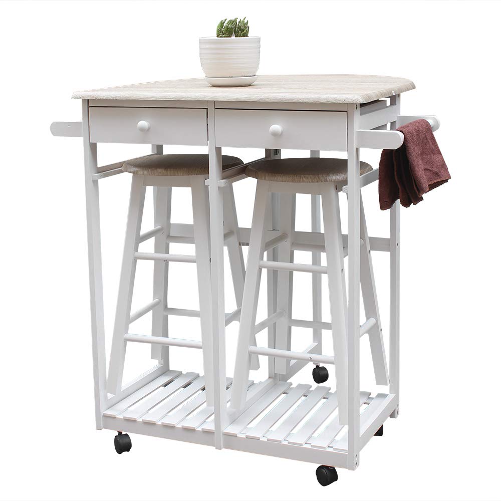 3PCS Wood Dining Table Set with Rolling Casters - Drop Leaf Breakfast Cart with 2 Stools, Folding Kitchen Island Trolley with Drawers | Perfect for Small Spaces, Breakfast Nooks & Kitchen Organization (White, Wood & PVC)