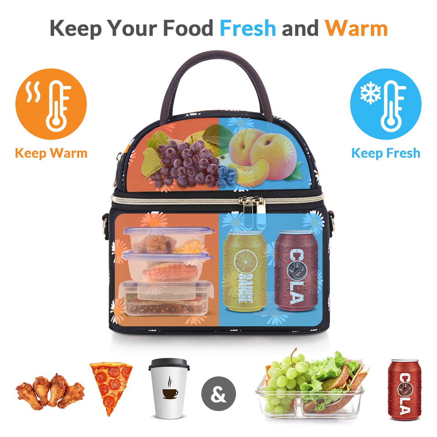 Hafmall Insulated Lunch Bag for Women - Leakproof Dual Compartment Lunch Tote with Adjustable Shoulder Strap - Reusable Thermal Lunch Box for Office, School, Picnic - Black & Daisy Floral Design
