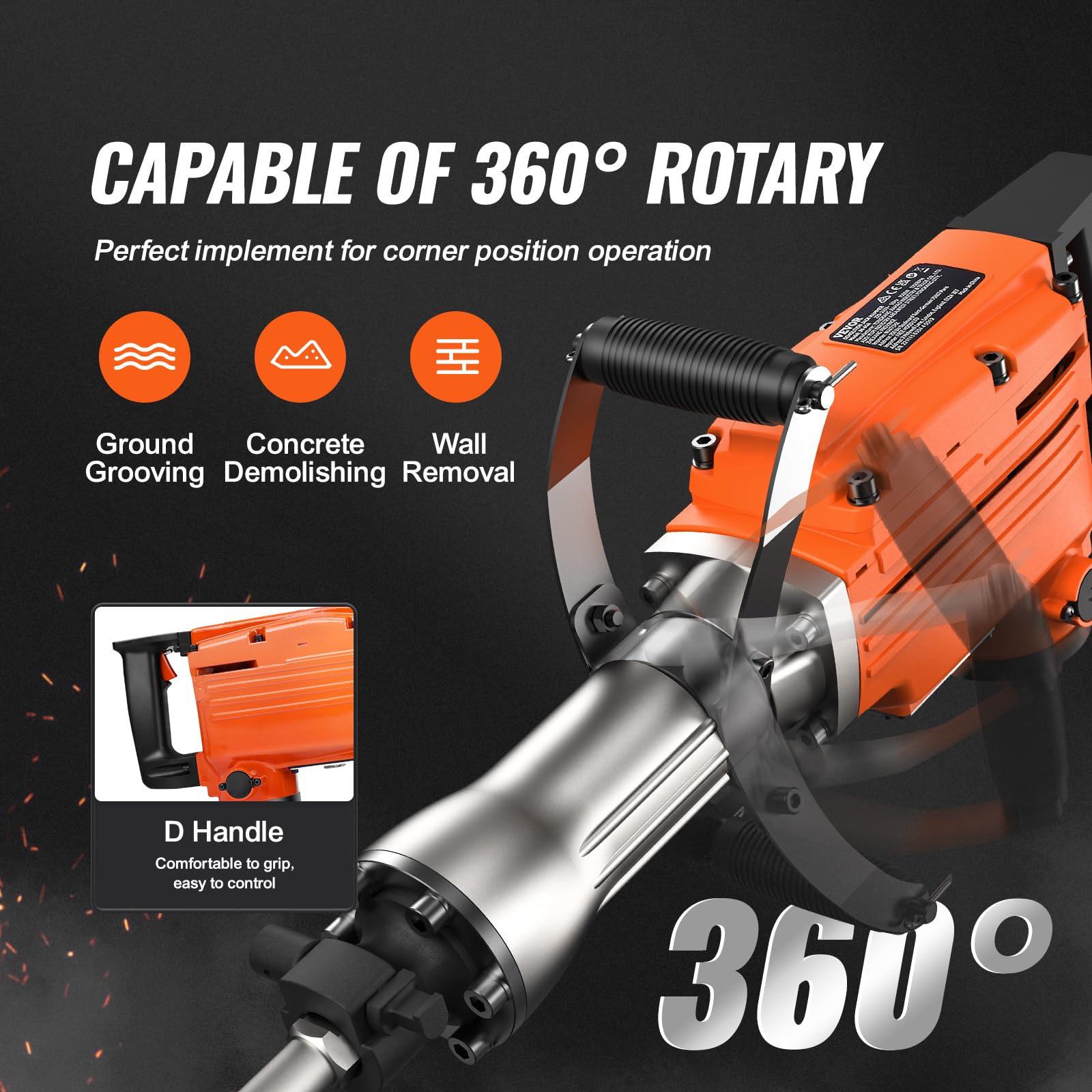 VEVOR 2200W Heavy Duty Electric Demolition Jack Hammer - 1350 BPM Concrete Breaker with 6 Chisel Bits & Carrying Case | Perfect for Concrete Demolition, Trenching, and Construction Projects