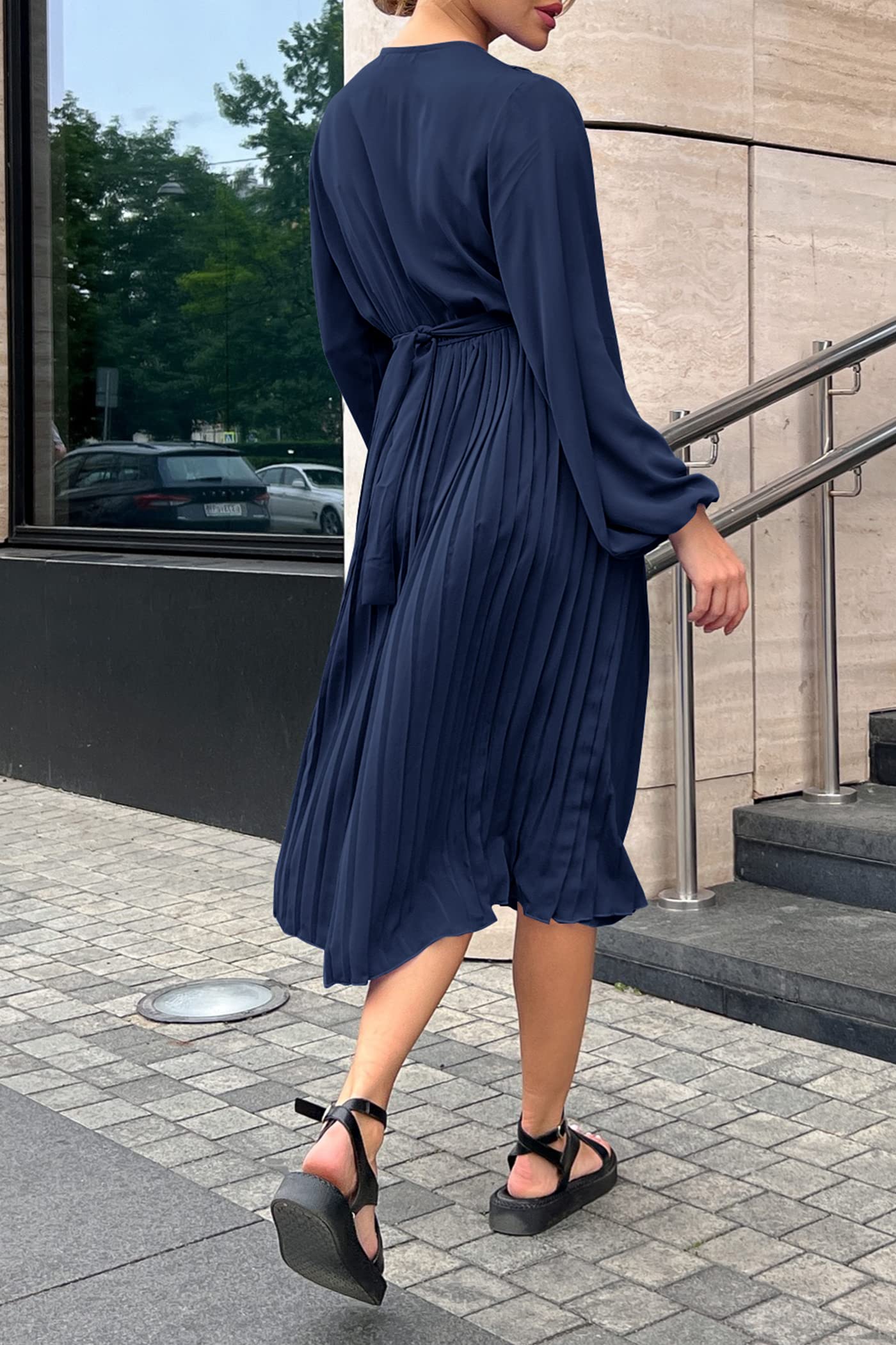 PRETTYGARDEN Women's Flowy Wrap Dress with Puff Sleeves - V-Neck Midi Dress with Ruffle & Pleated Details for Spring/Summer/Fall - Perfect for Casual Outings, Date Nights & Office Wear