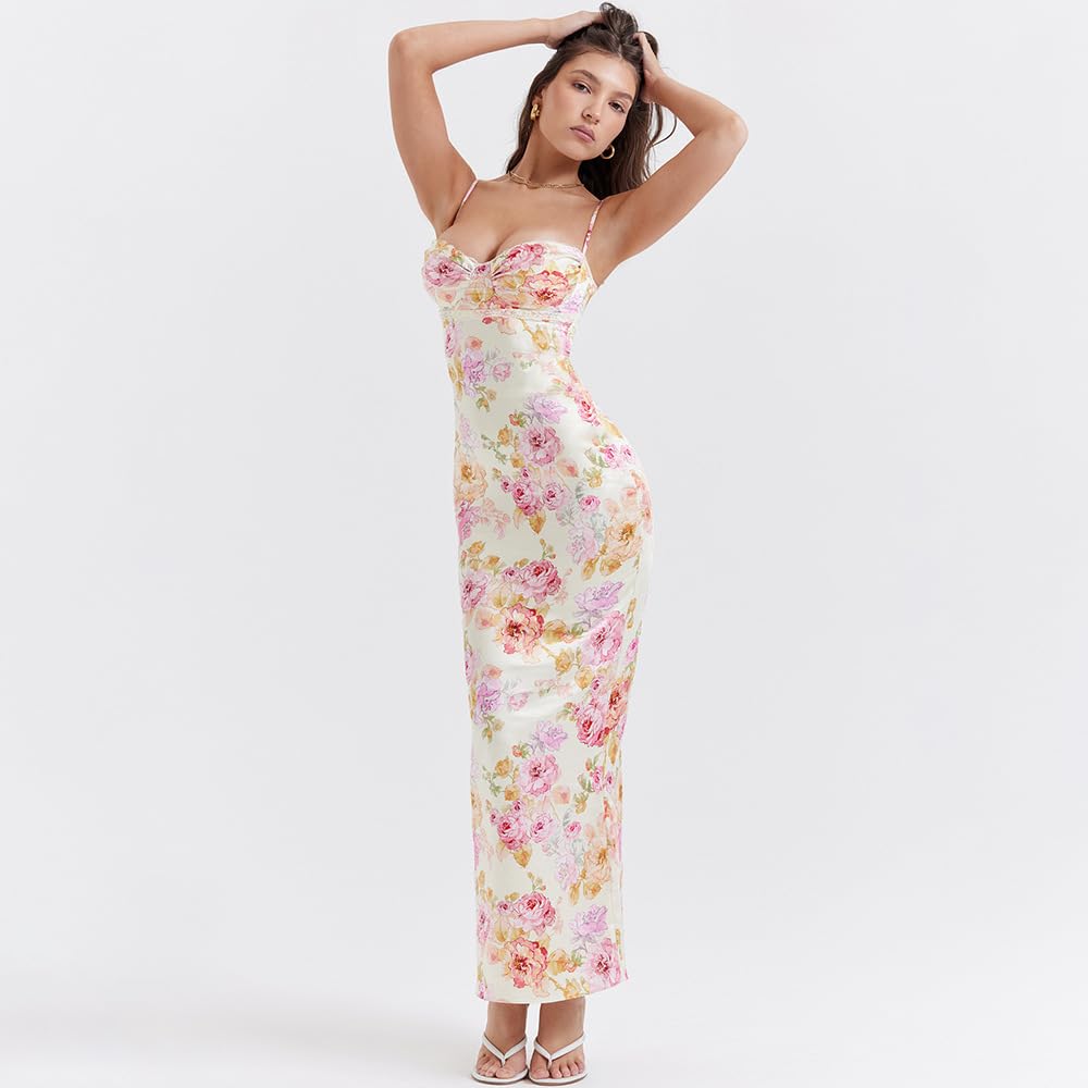 Elegant Floral Satin Maxi Dress for Women - Stretchy Bodycon Formal Gown - Perfect for Weddings, Parties & Special Occasions