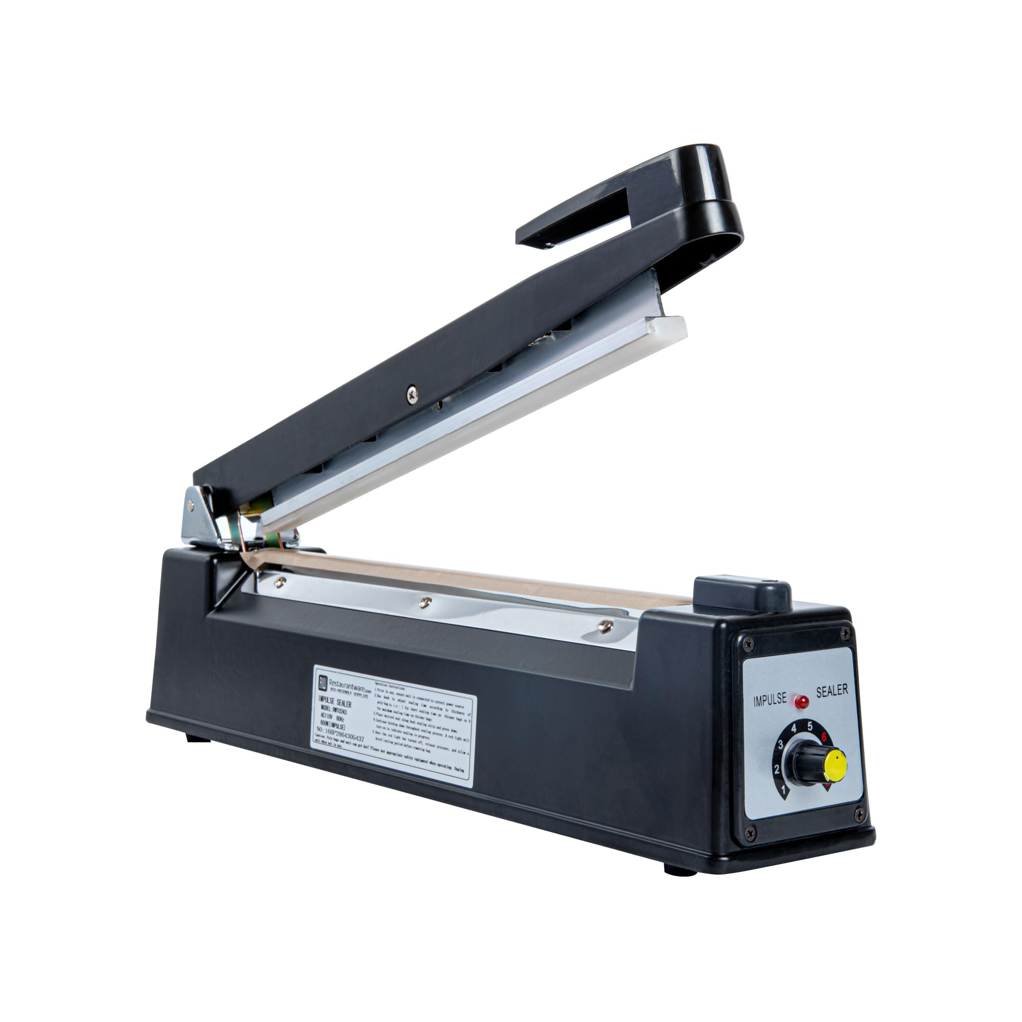 Restaurantware 12 Inch Manual Heat Sealer Machine - Industrial Grade Food Safe Impulse Sealer with Adjustable Temperature Control, Portable Black Aluminum Sealing Equipment for Food Packaging, Vacuum Sealing & Meal Prep