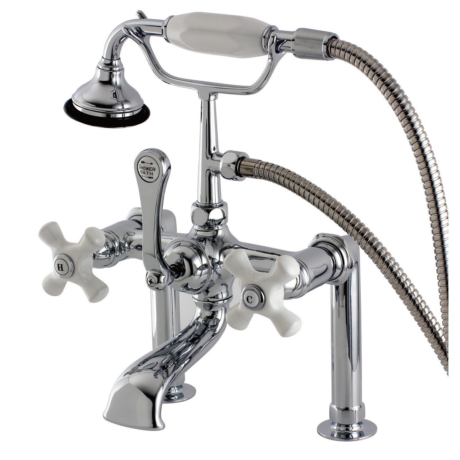 Vintage Clawfoot Tub Faucet with Hand Shower - 3 Handle 2 Hole Deck Mount Bathroom Fixture in Polished Chrome - Perfect for Classic & Farmhouse Style Bathrooms