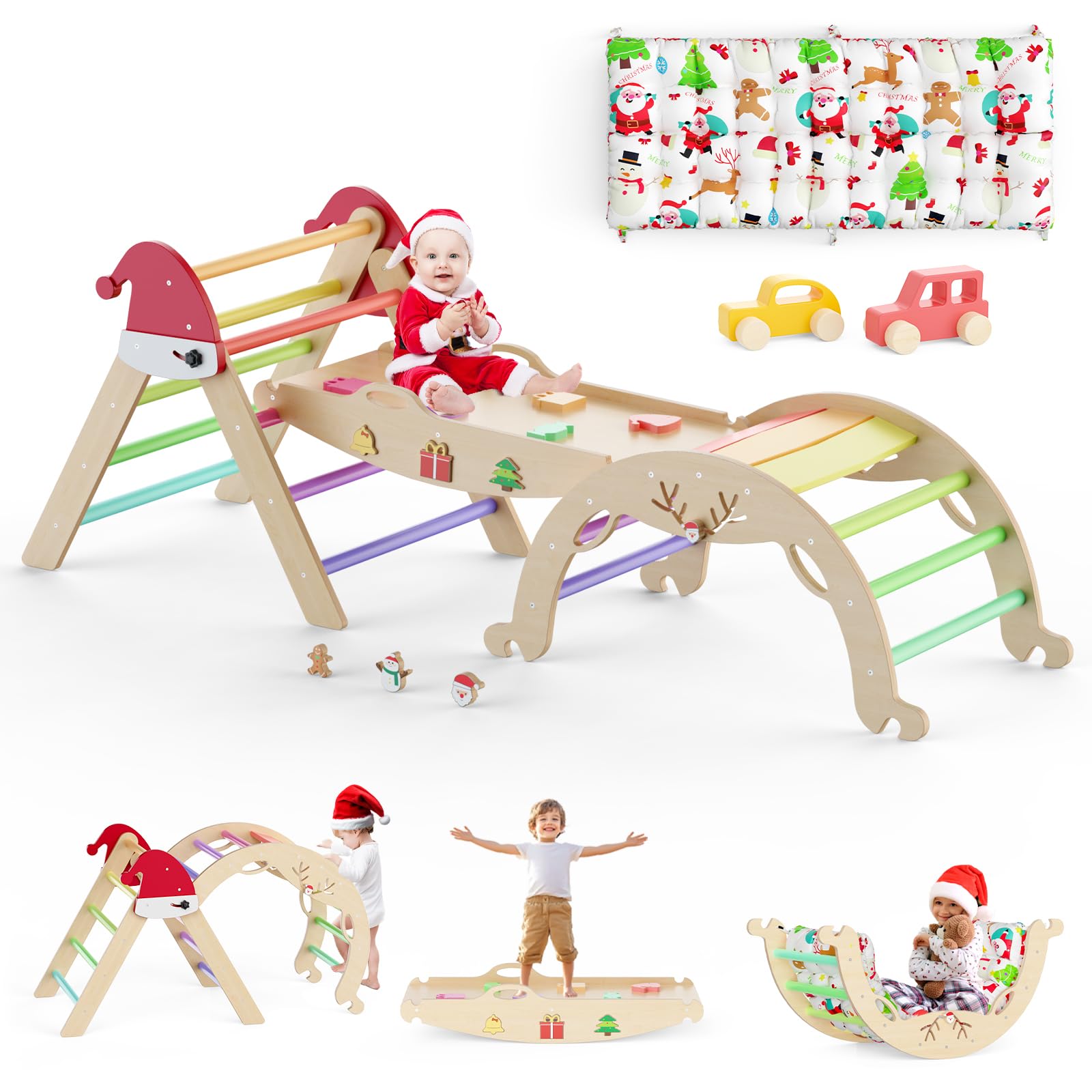 12-in-1 Foldable Pikler Triangle Set with Cushion - Montessori Climbing Gym for Toddlers - Indoor Playground with Maze, Shape Sorter & Car Toys - Perfect for Christmas Gifts & Home Play Areas