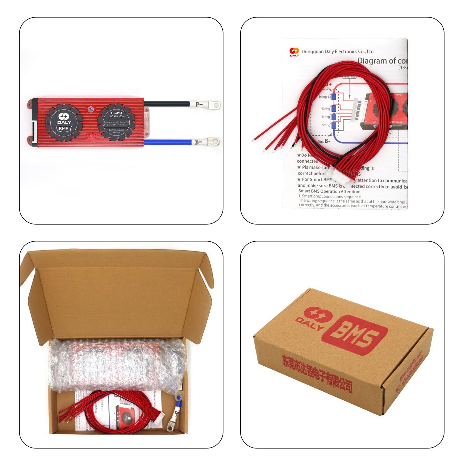 48V 200A DALY BMS for LiFePO4 Battery - 15S PCB Protection Board with Cooling Fan & Balance Wires - Compatible with 18650 3.2V Cells - Perfect for Solar Energy Storage, RV & Marine Battery Packs